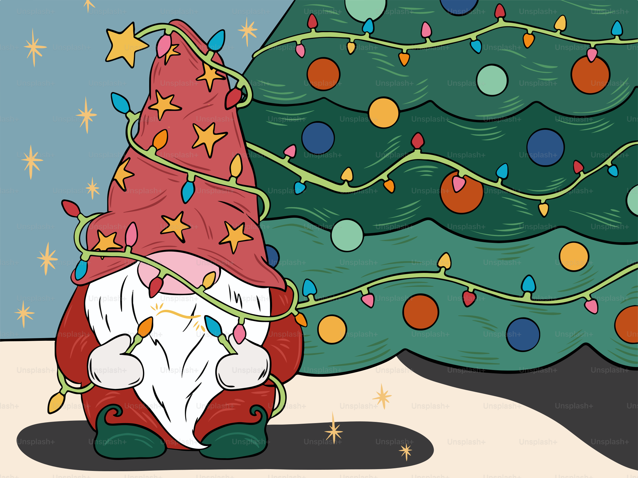 A christmas tree with a santa clause sitting in front of it