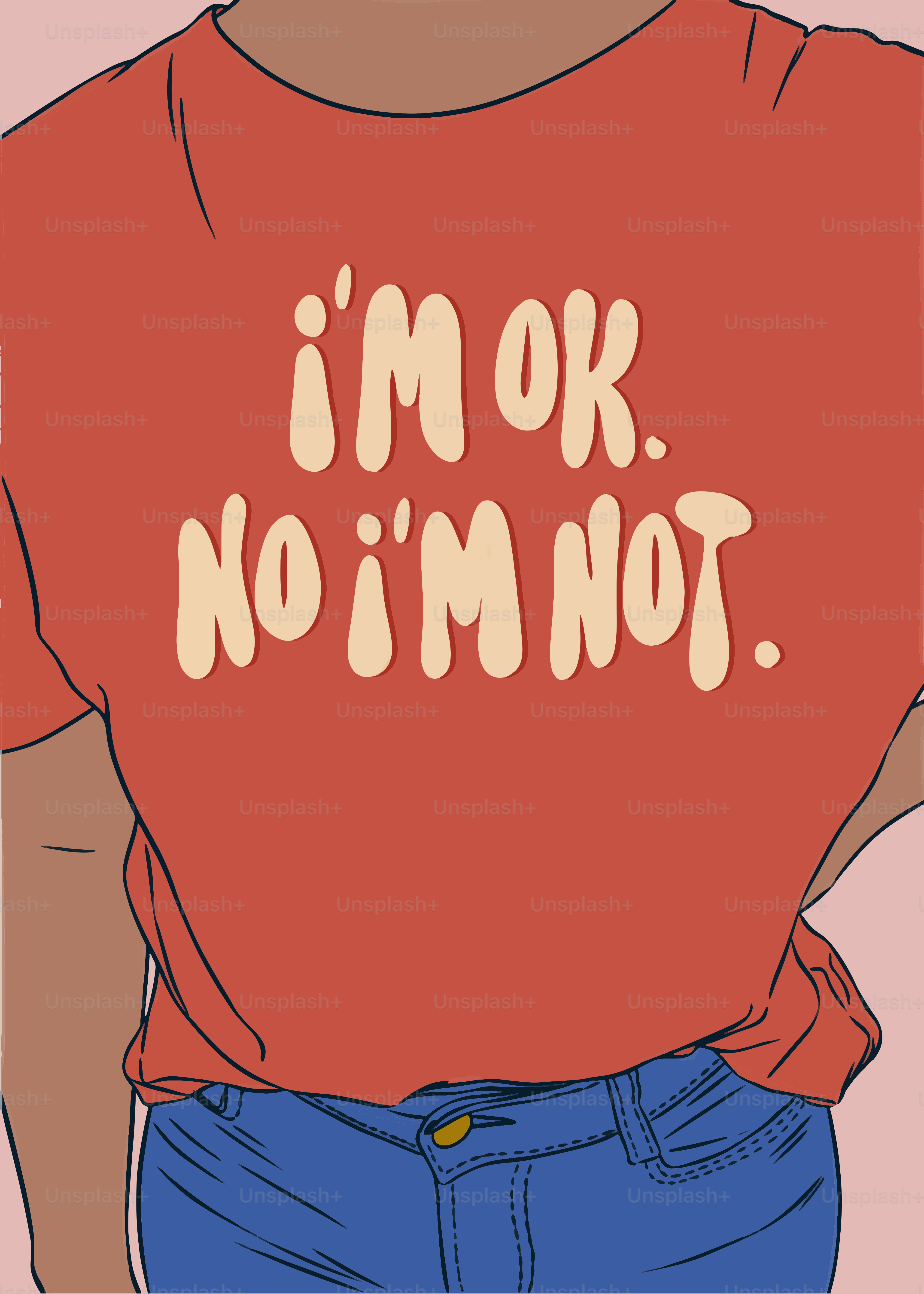 Eine Frau trägt ein rotes Hemd, auf dem steht: Ich bin okay, ich bin