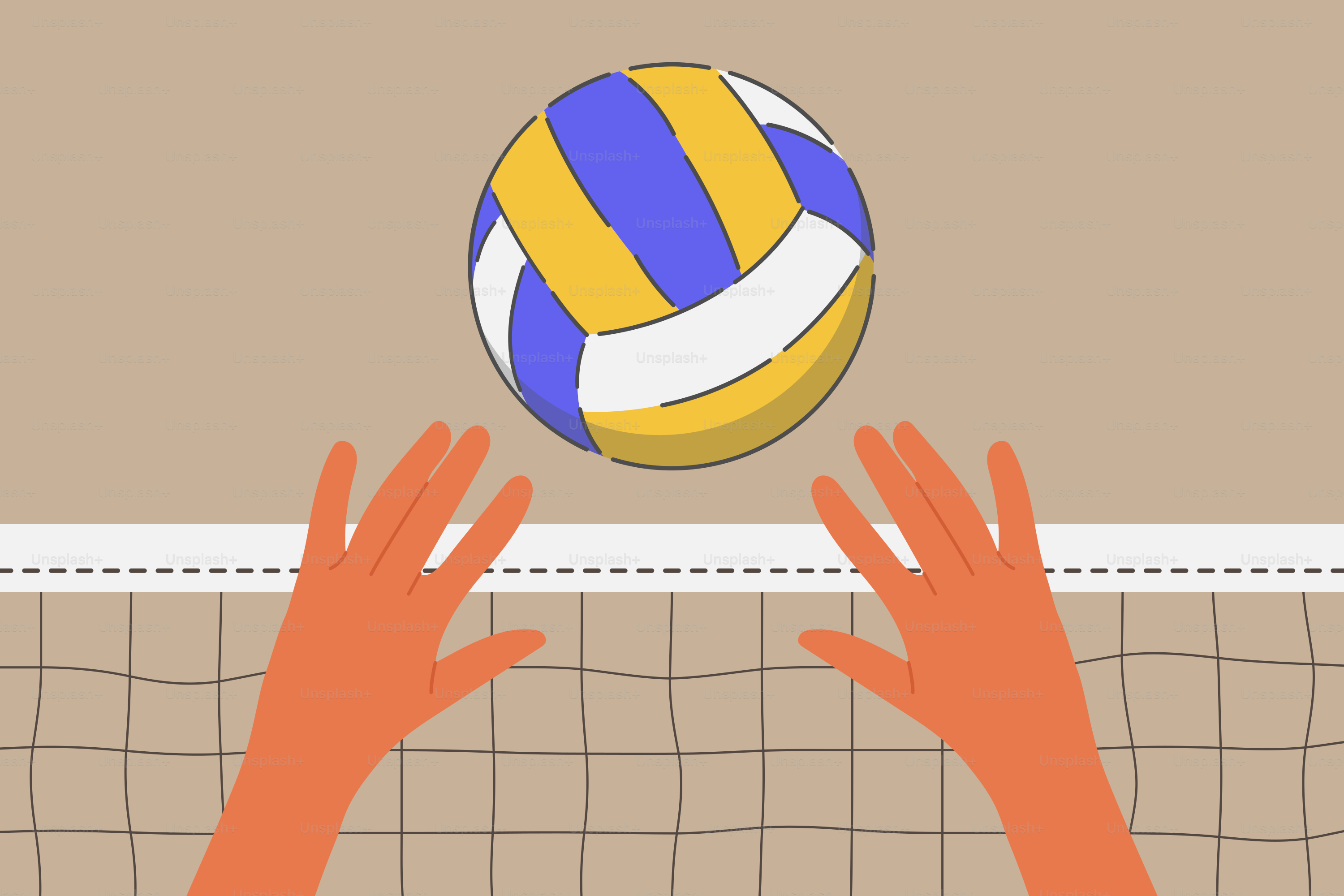 Two hands reaching for a volleyball over a net
