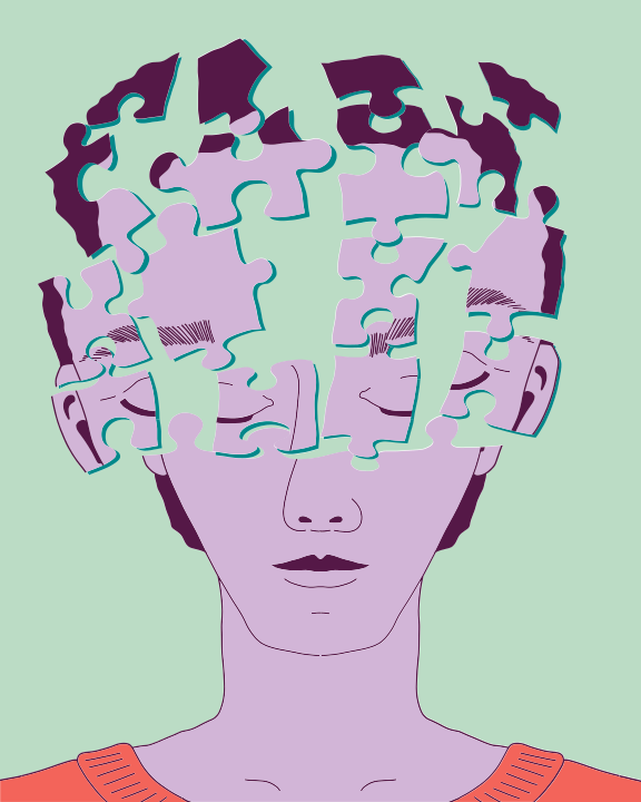 A man with puzzle pieces on his head