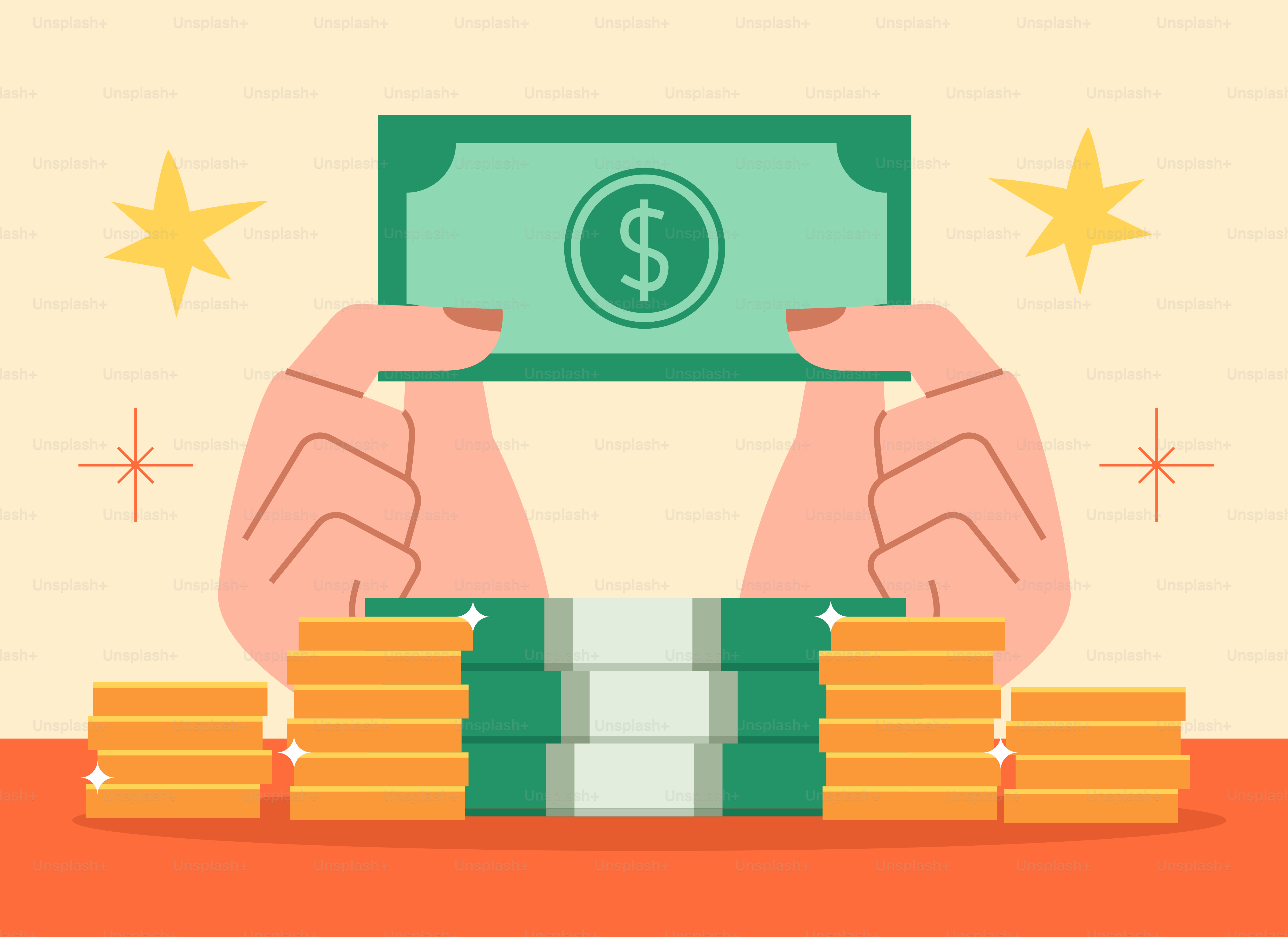 A hand holding a stack of money over a pile of coins