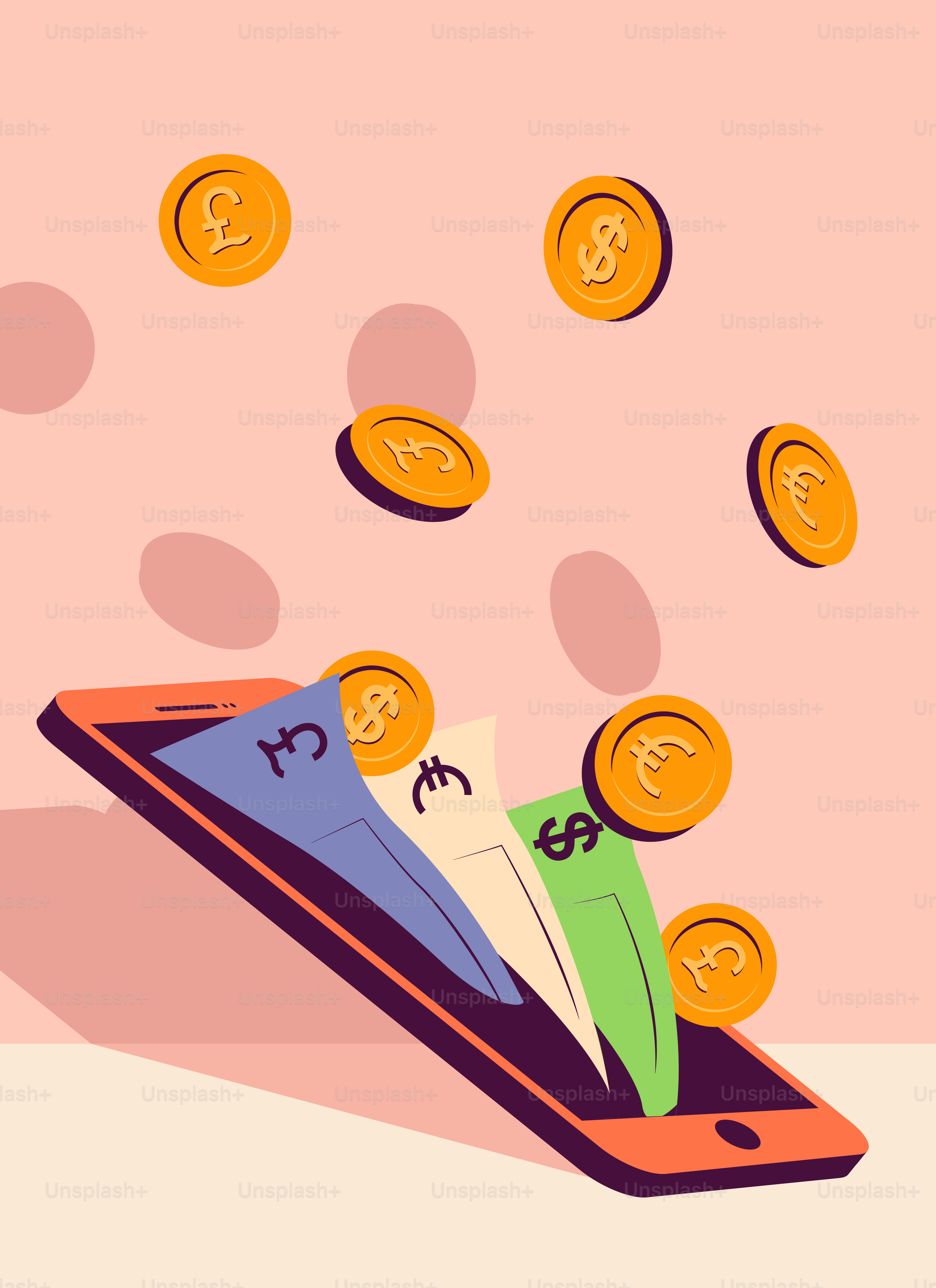 A pile of money flying out of a cell phone