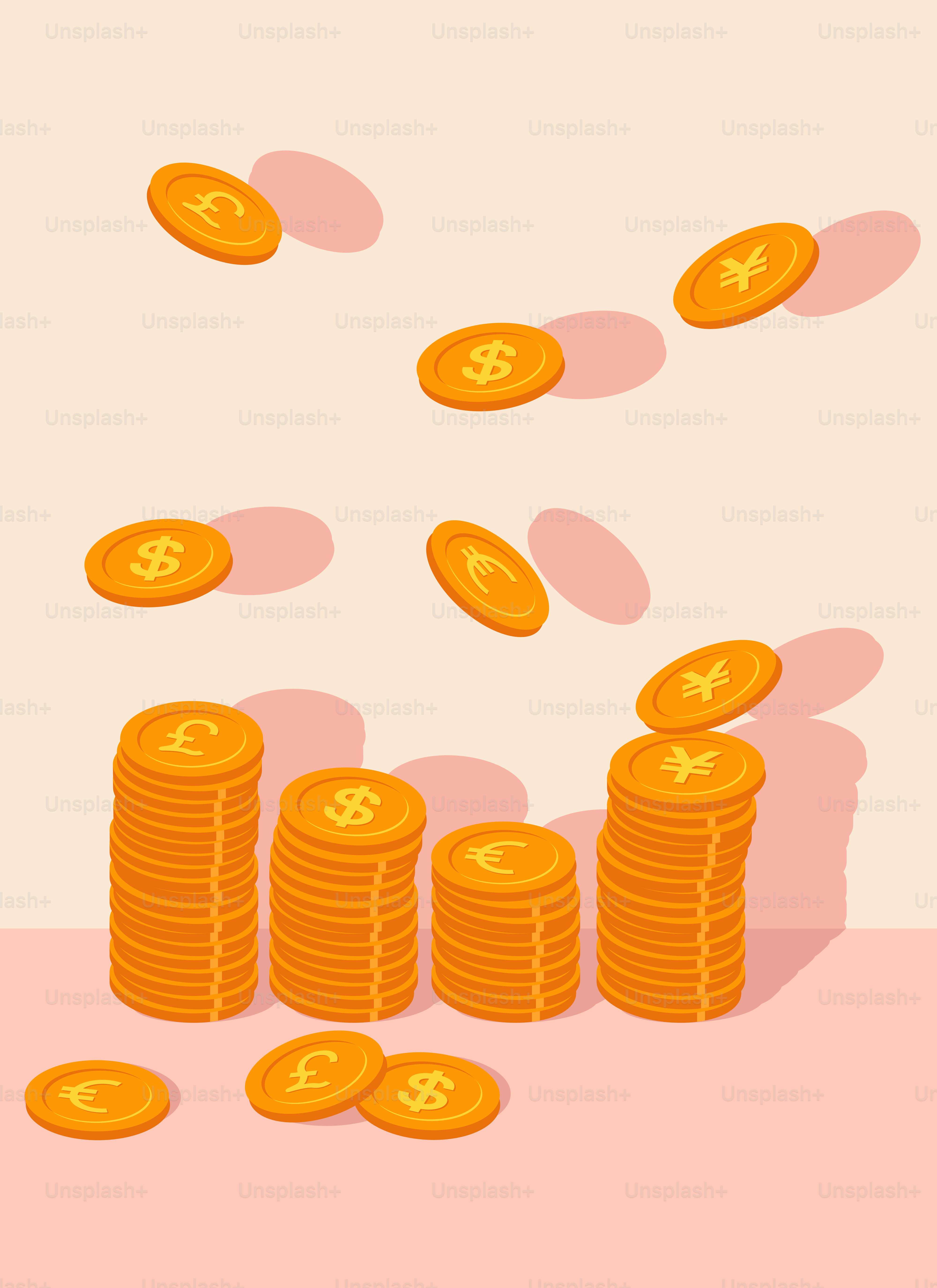 A pile of gold coins falling into the air