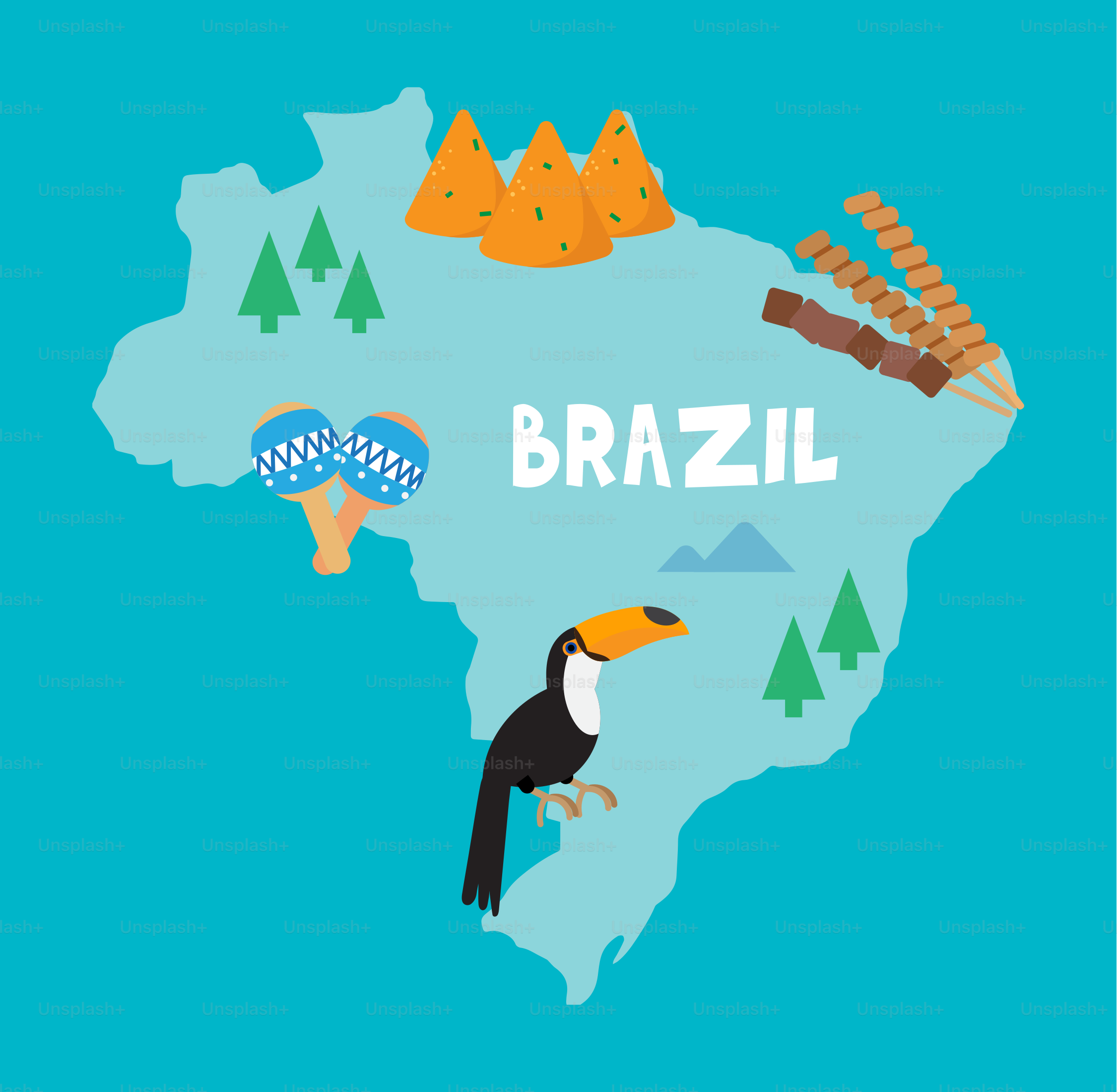 Una mappa del Brasile con uccelli e montagne