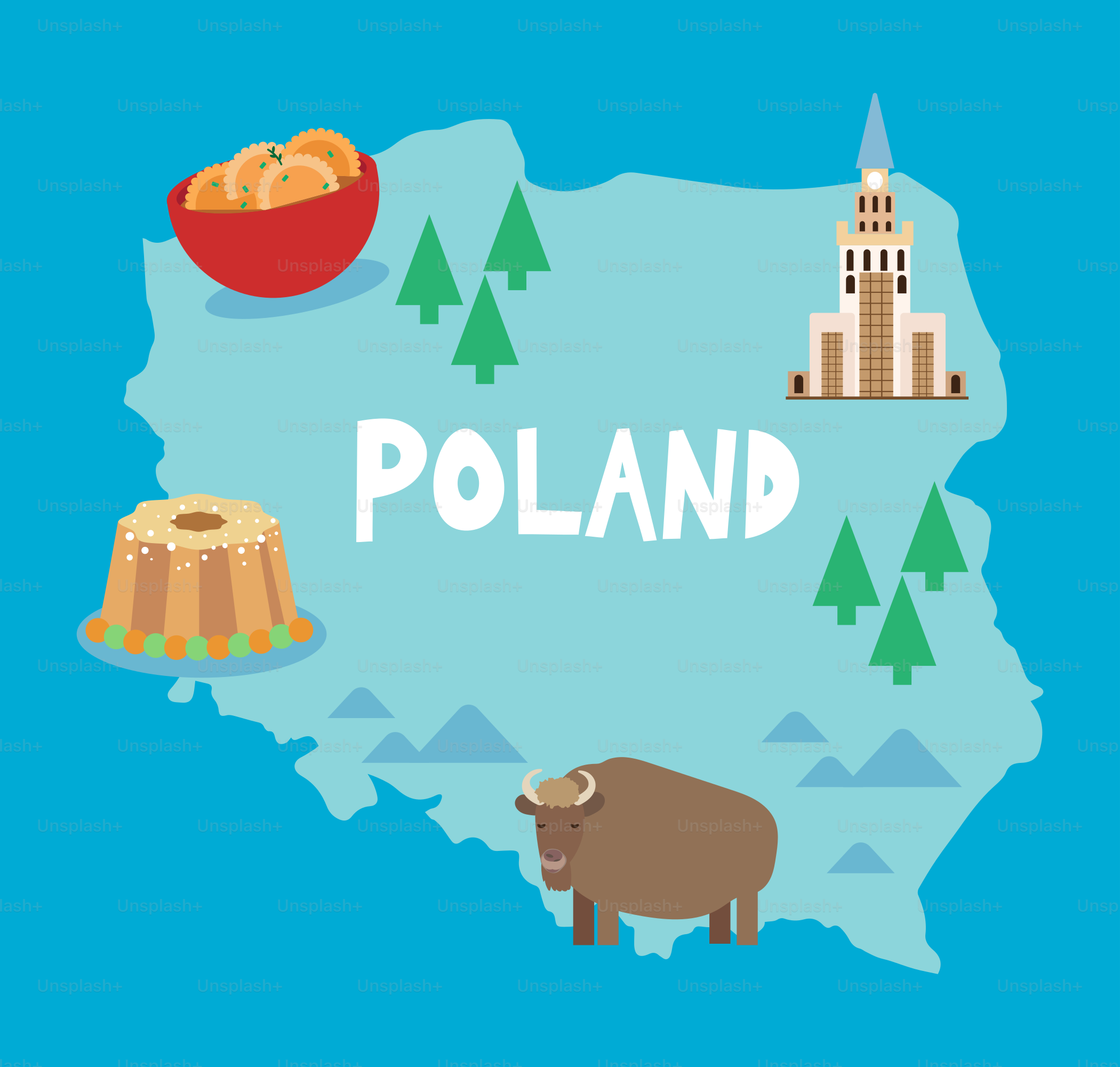 Une carte de la Pologne avec plein de choses dessus