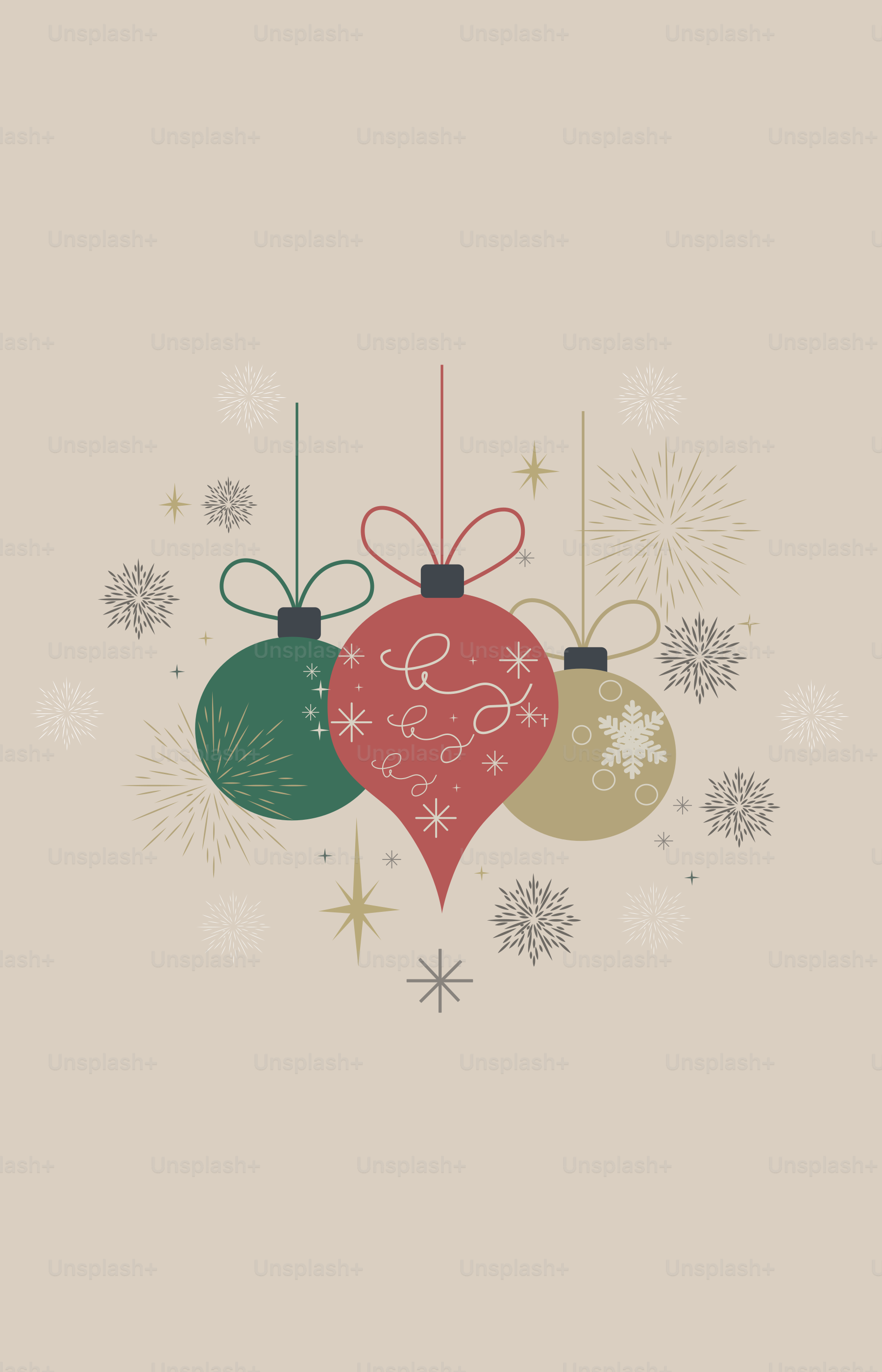 A christmas card with three ornaments hanging from it