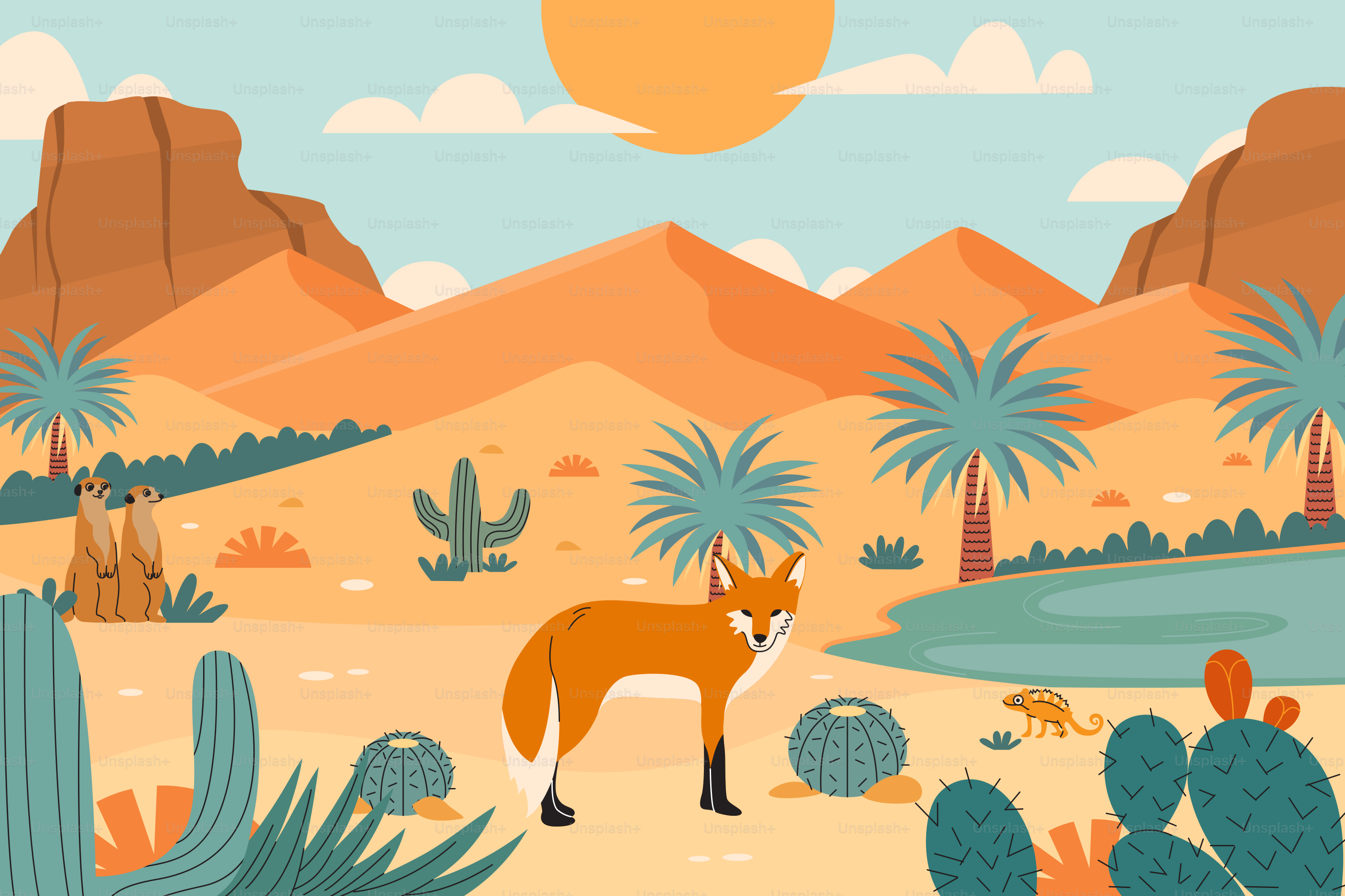 A desert scene with a fox and cactus trees