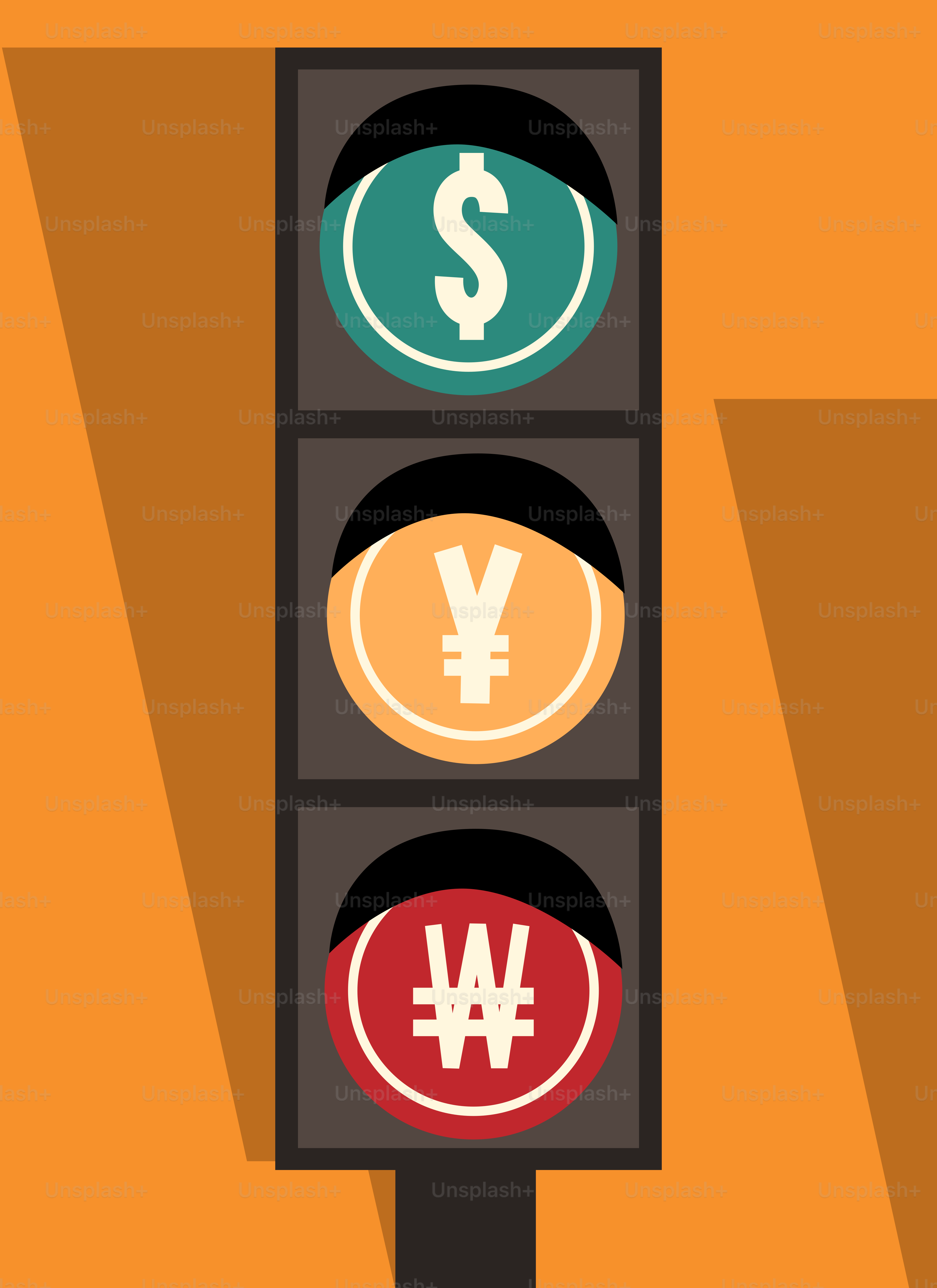 A traffic light with currency symbols on it