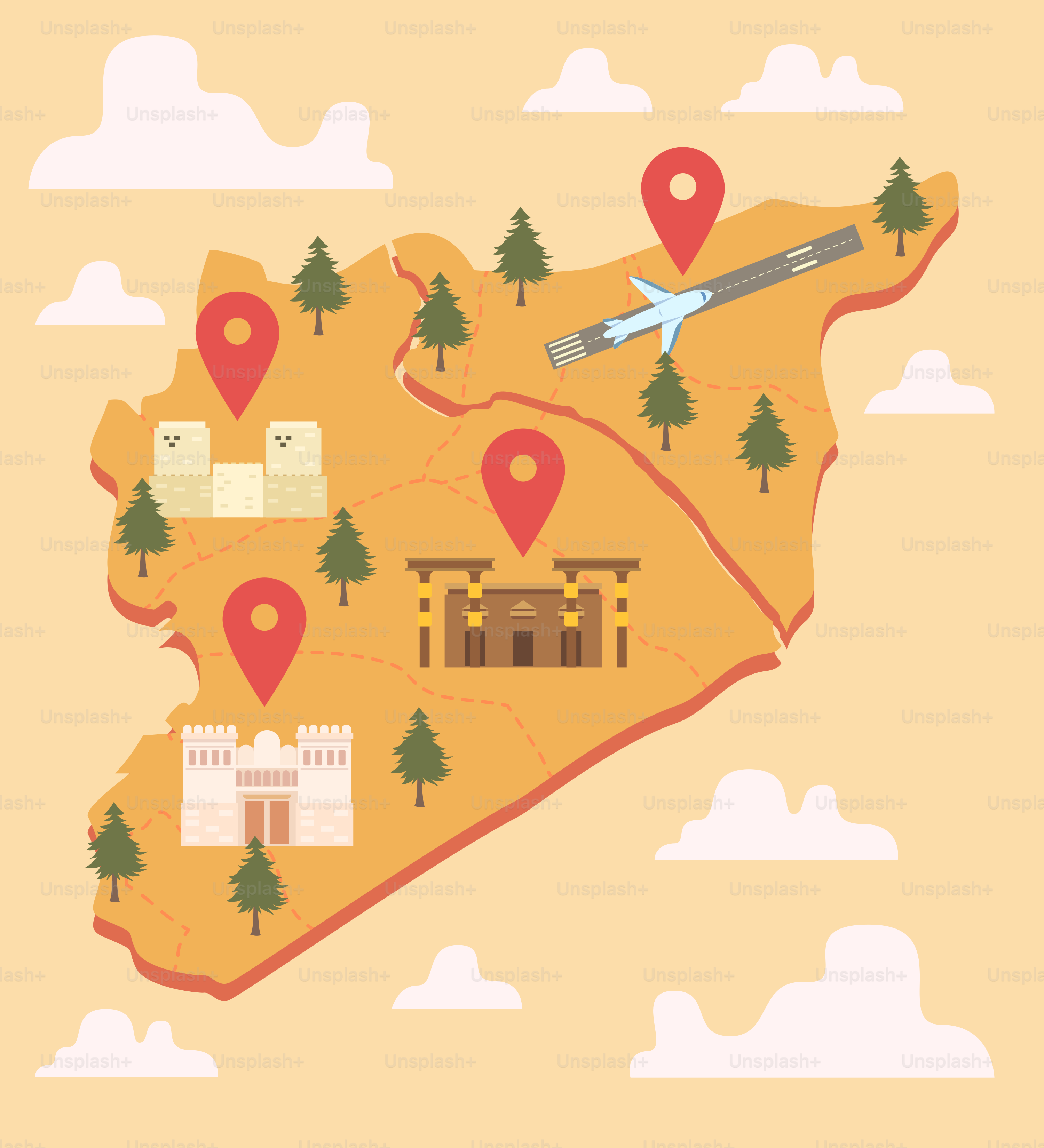 A map of a town with a plane flying over it