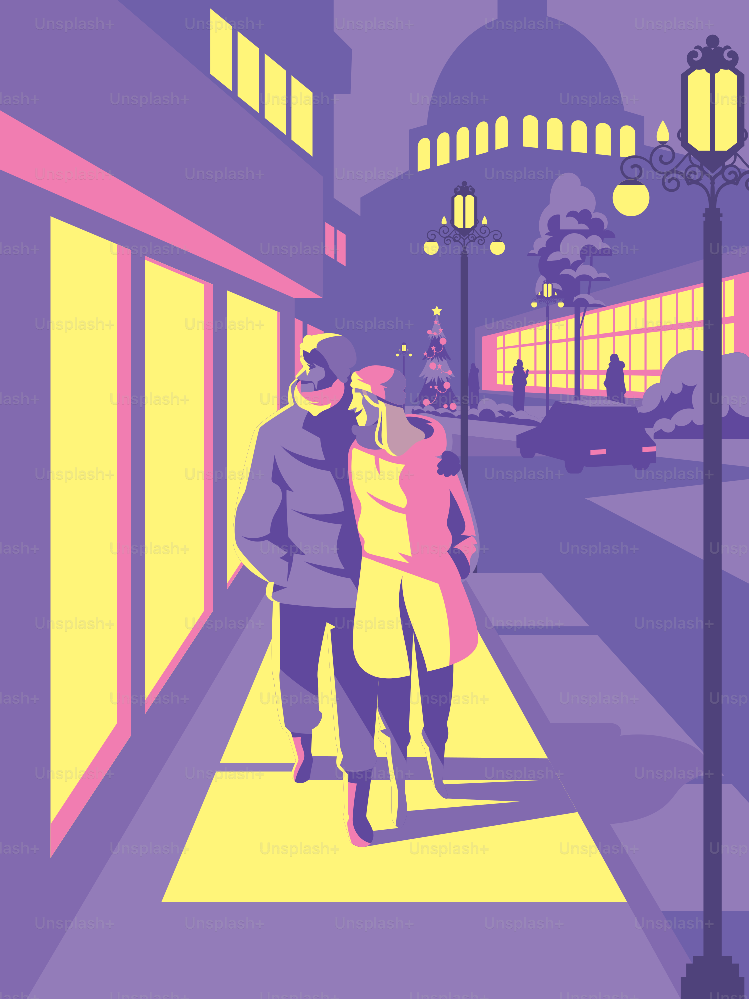 A couple walking down a street at night