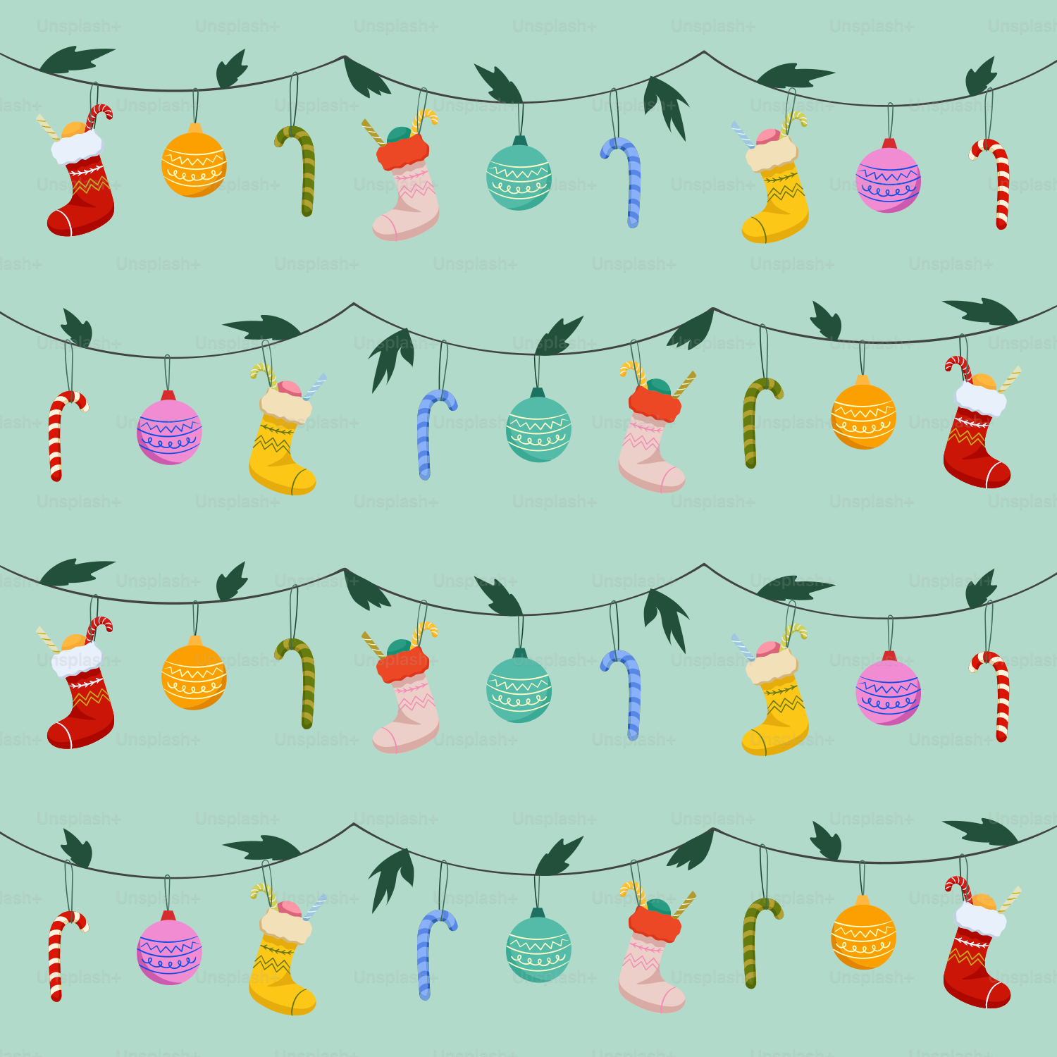 A blue background with christmas stockings and candy canes