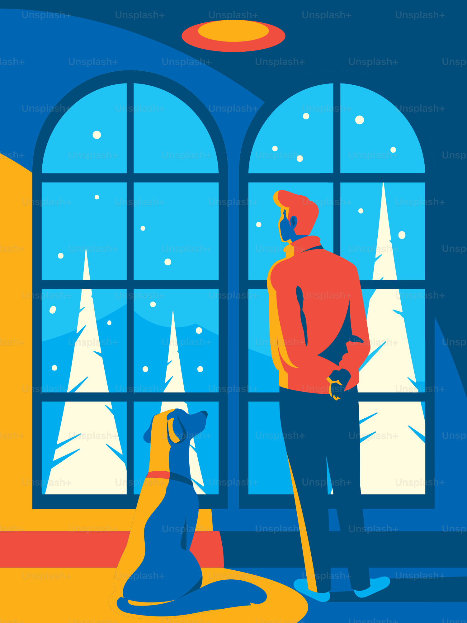 Un hombre de pie frente a una ventana junto a un perro