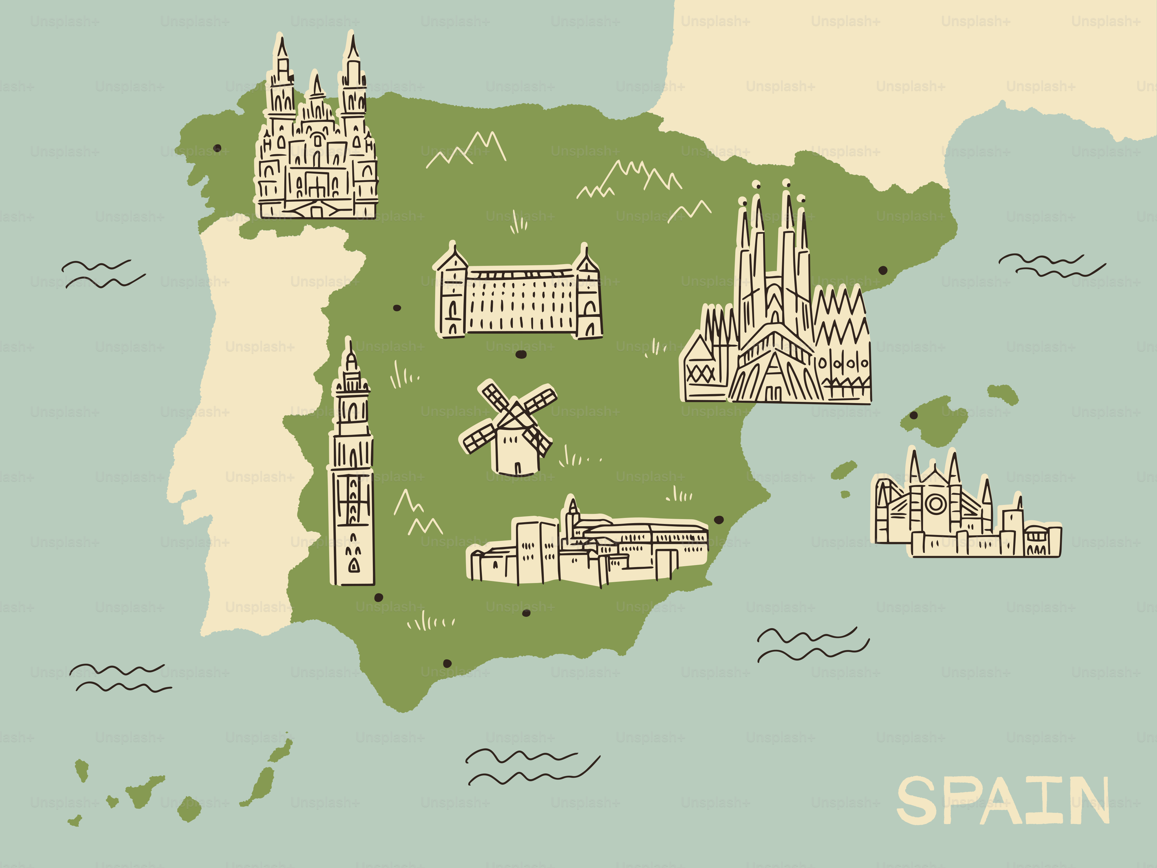 A map of spain with all the major cities