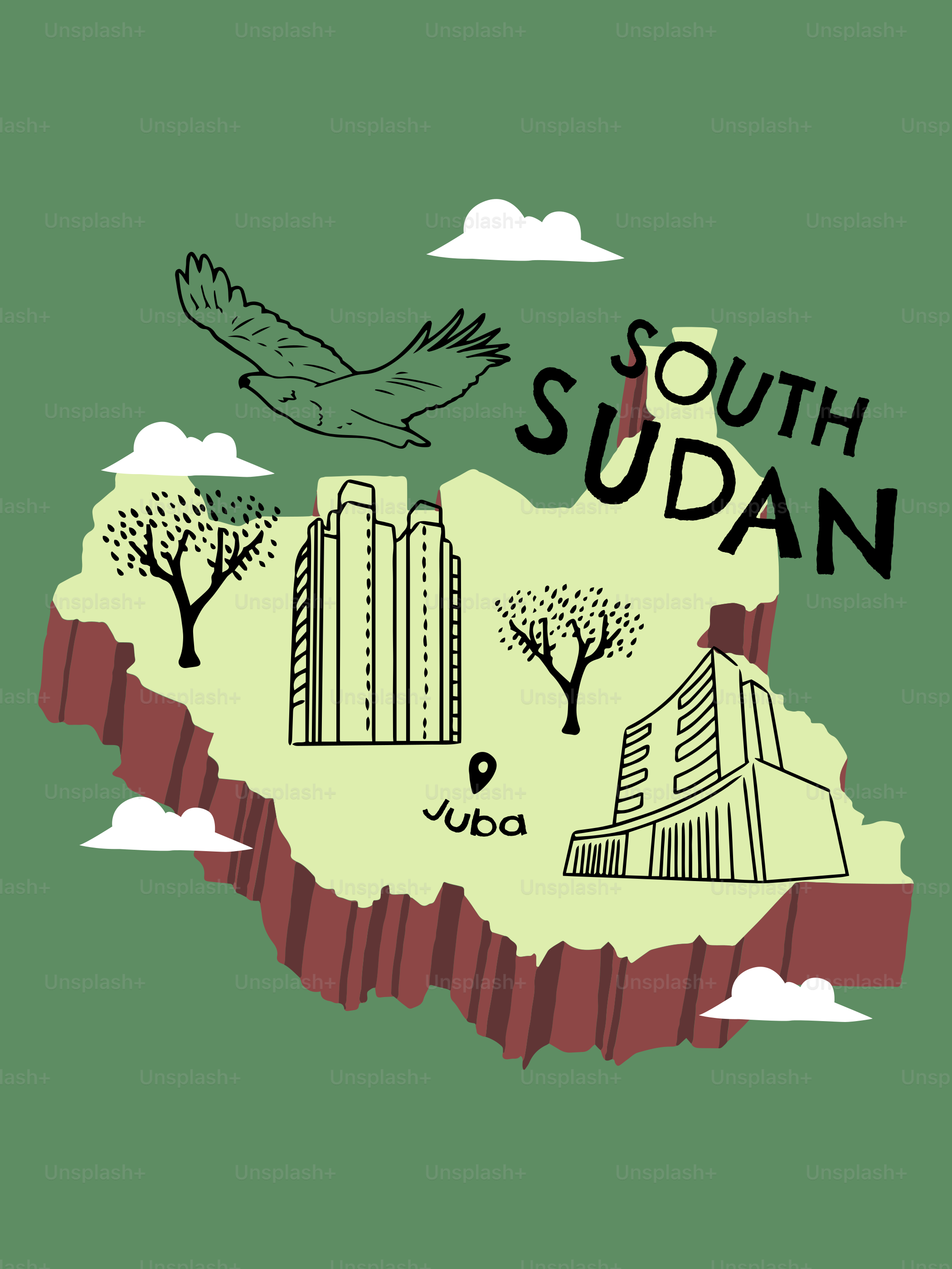 A map of south sudan with a bird flying over it