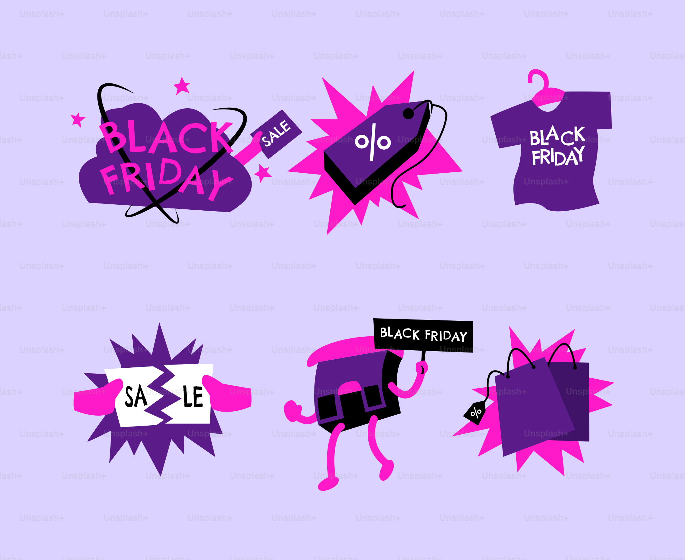 A collection of black friday stickers on a purple background
