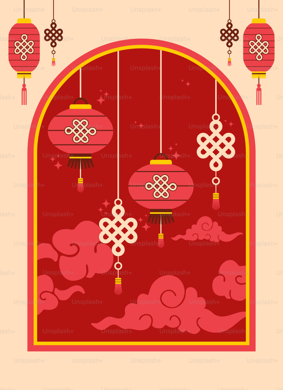A chinese arch with lanterns hanging from it