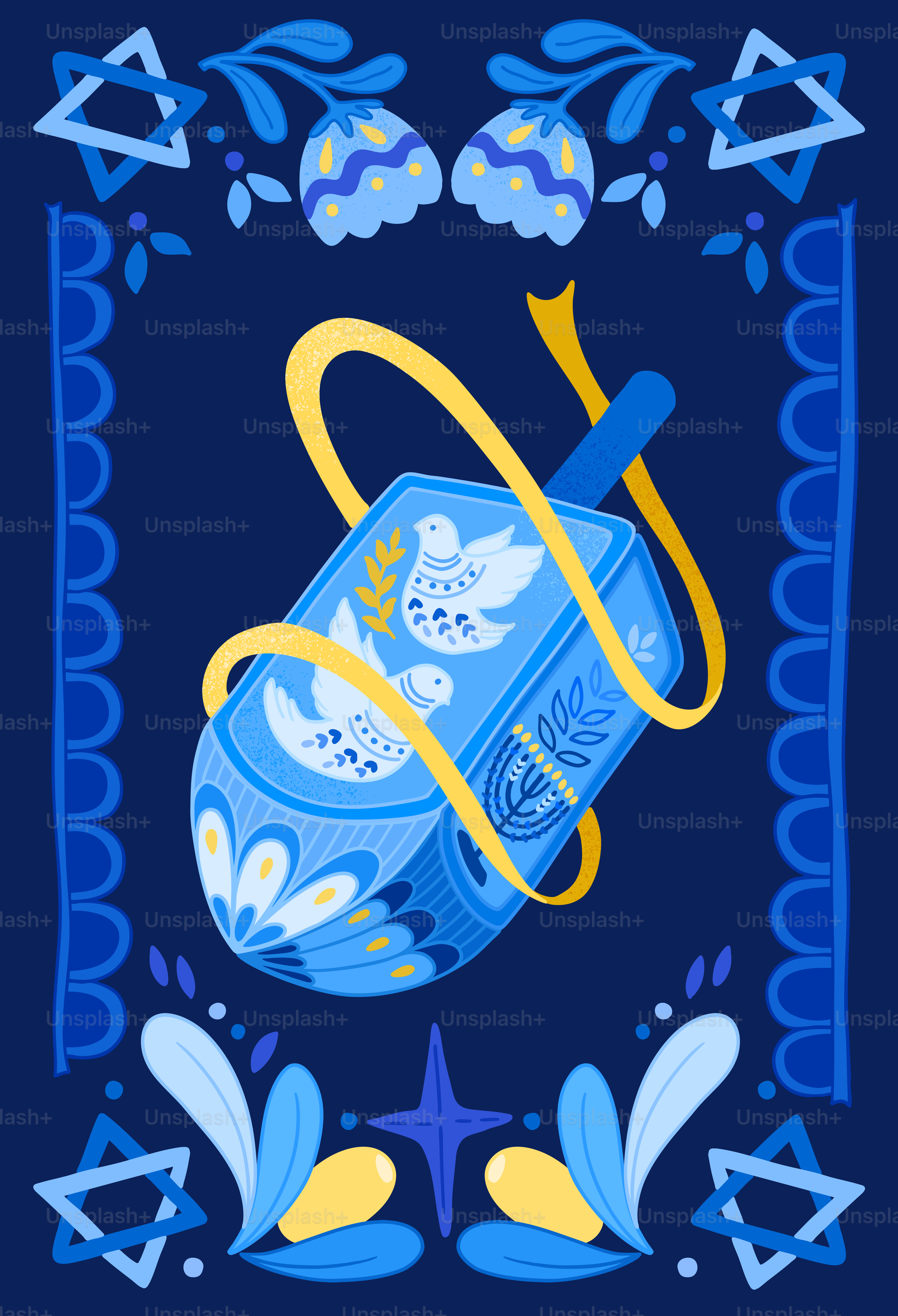 A painting of a blue vase with a yellow handle