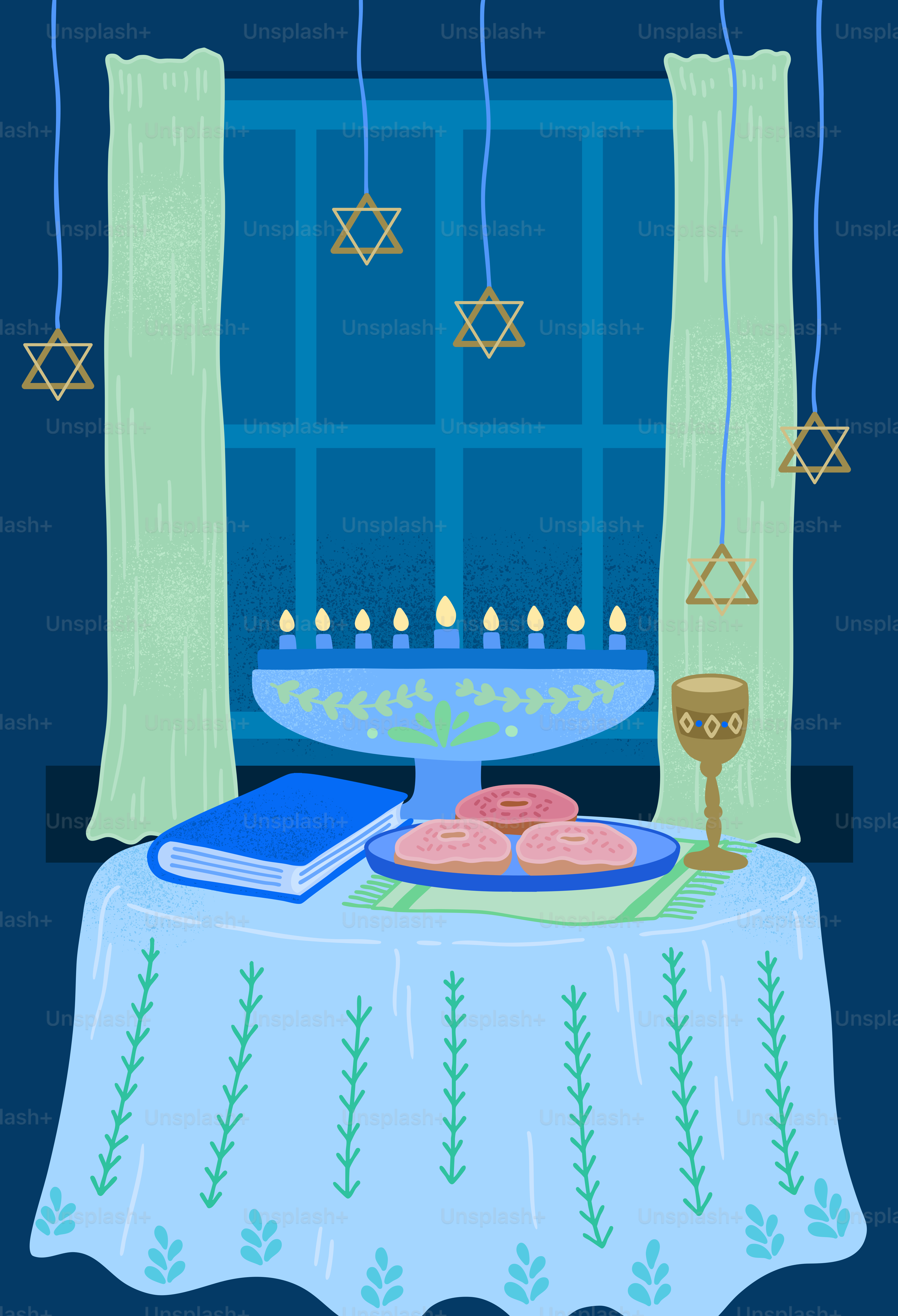 A hanukkah menorah with candles and a chalice on a