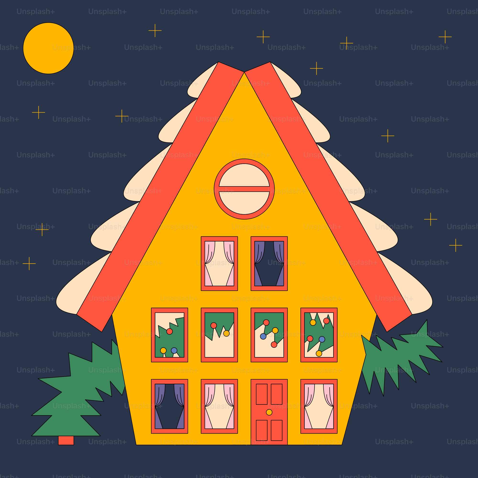 A yellow house with a red roof and windows