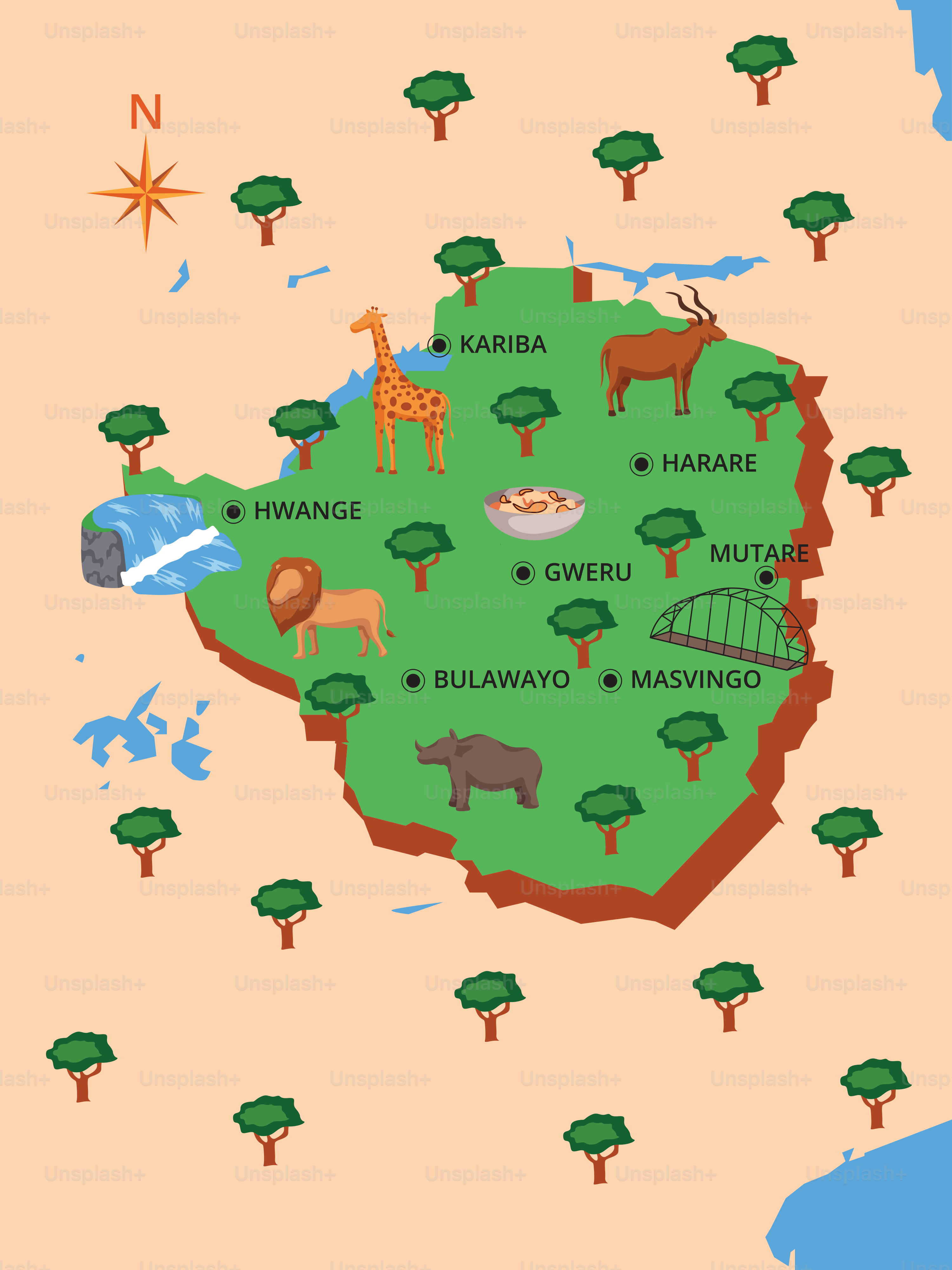 A map of africa with animals and trees