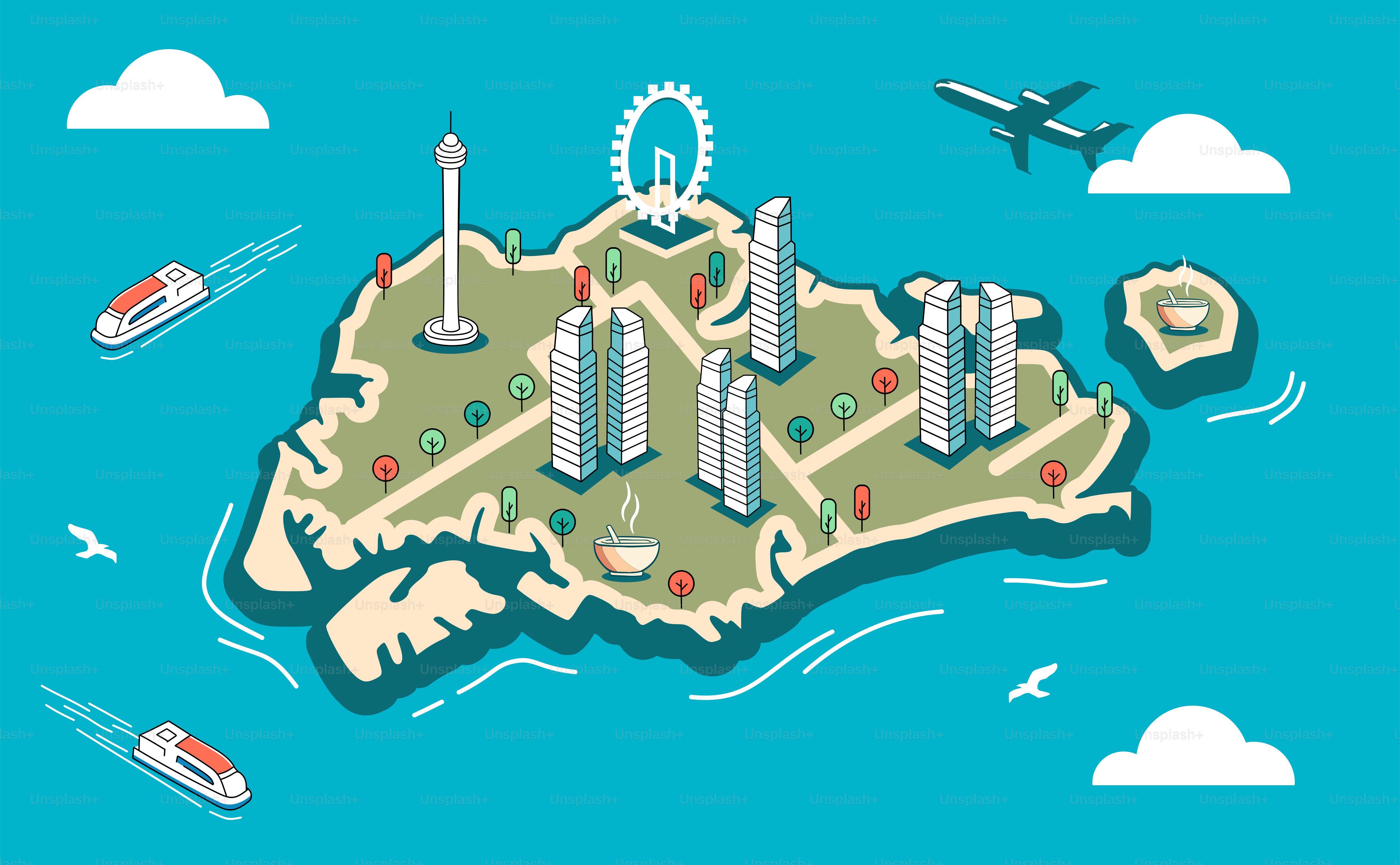 A map of the island with a plane flying over it