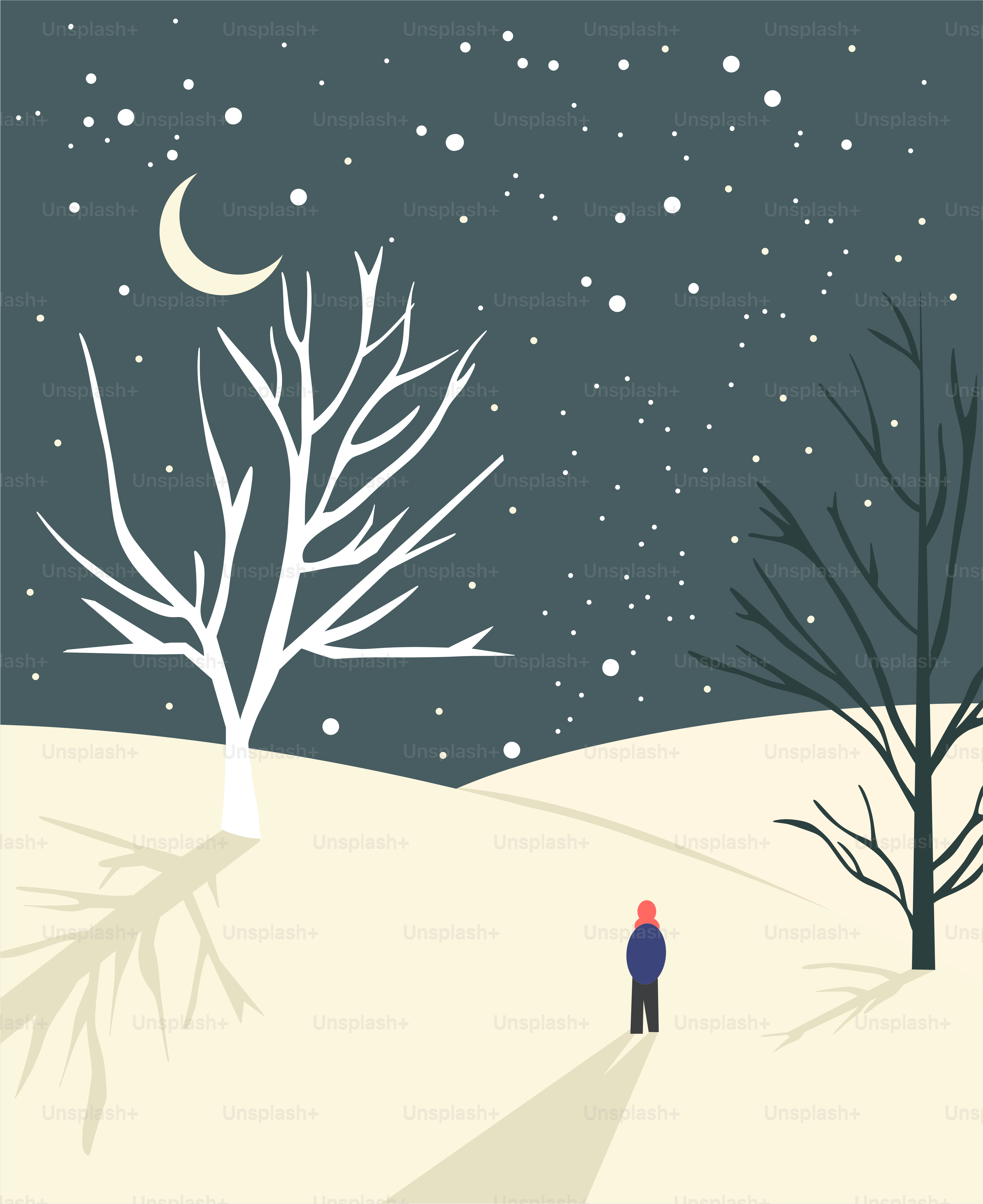 A person standing in the snow near a tree