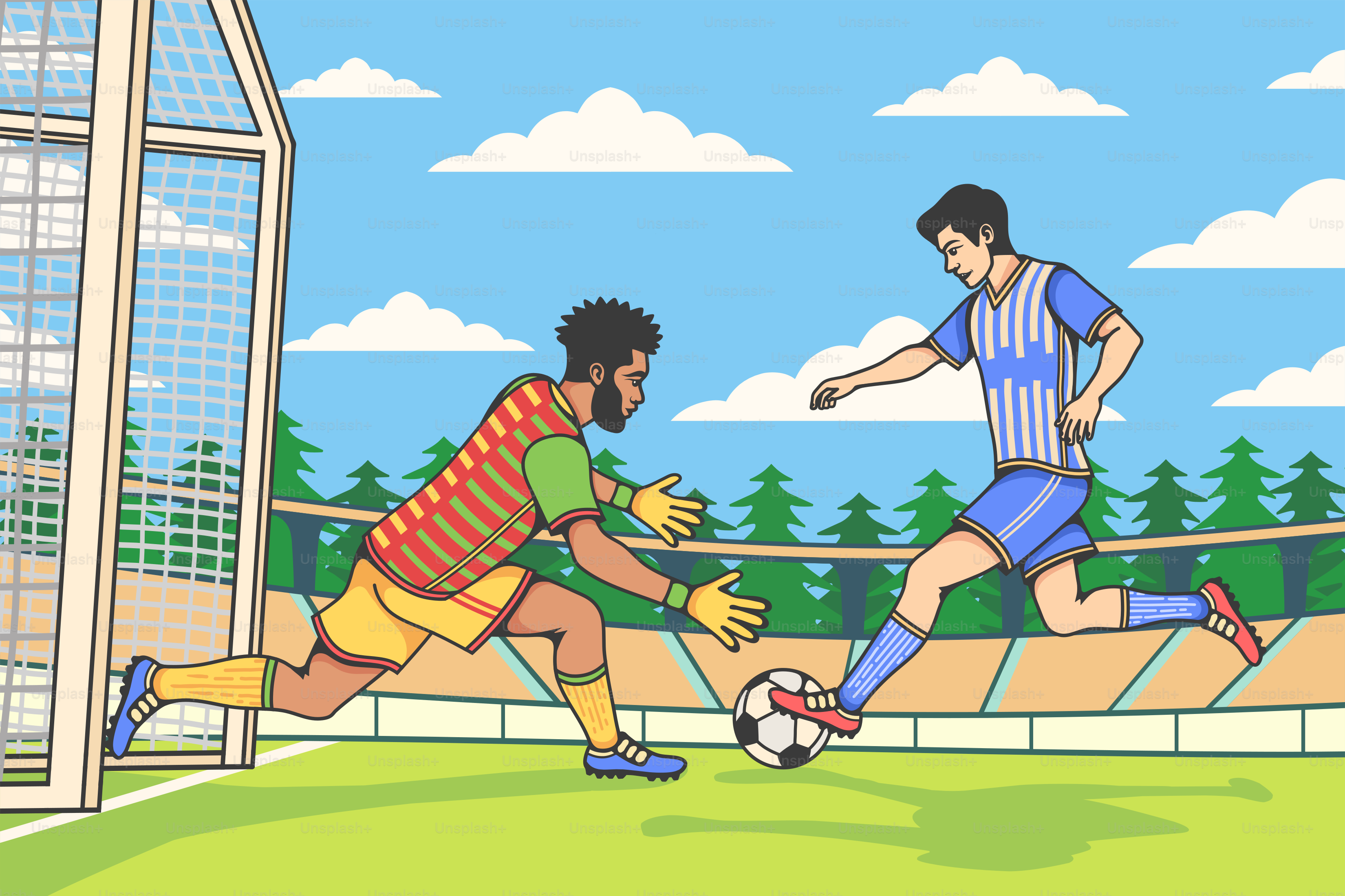 A cartoon of a soccer game being played
