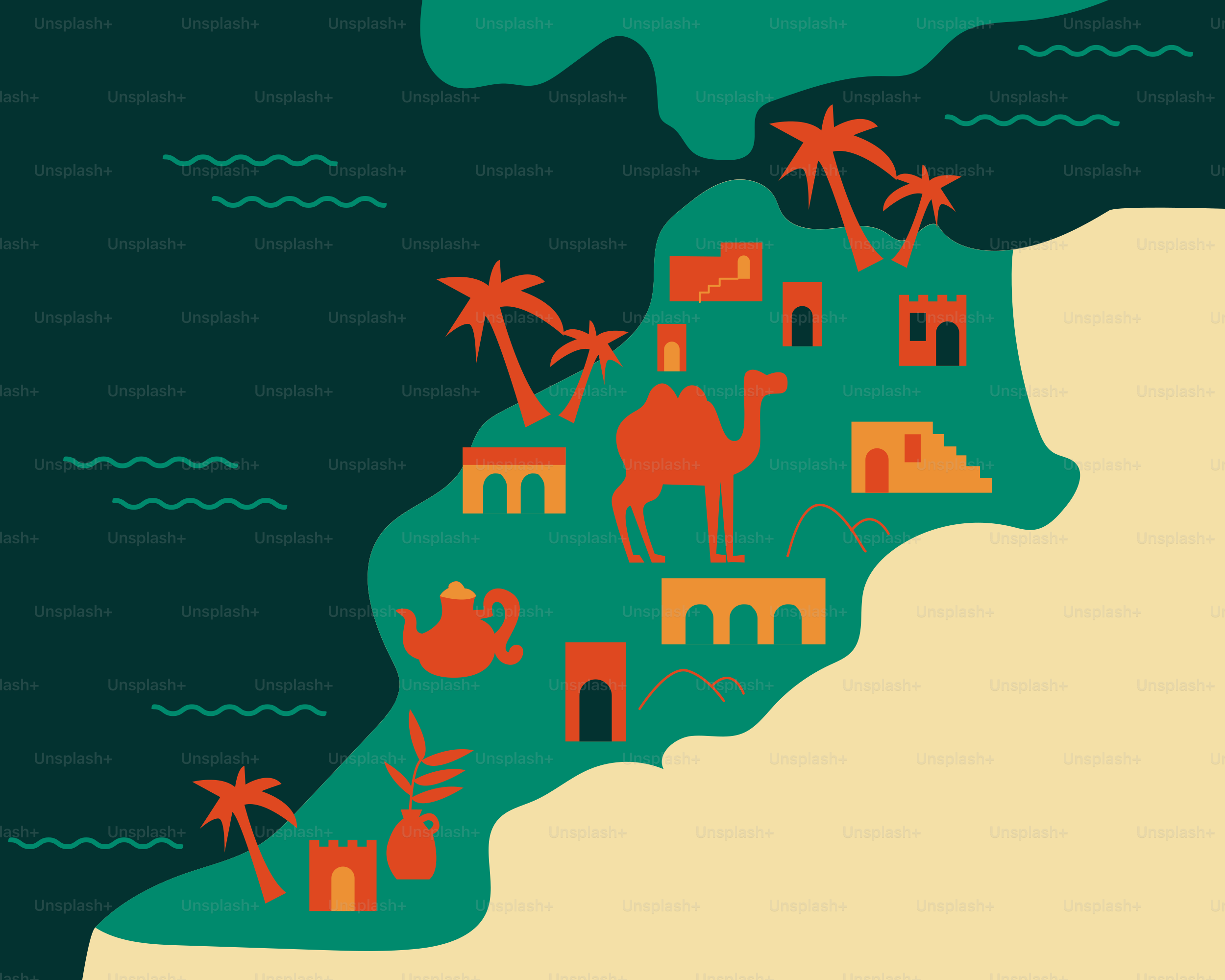 A map of a beach with a camel and palm trees