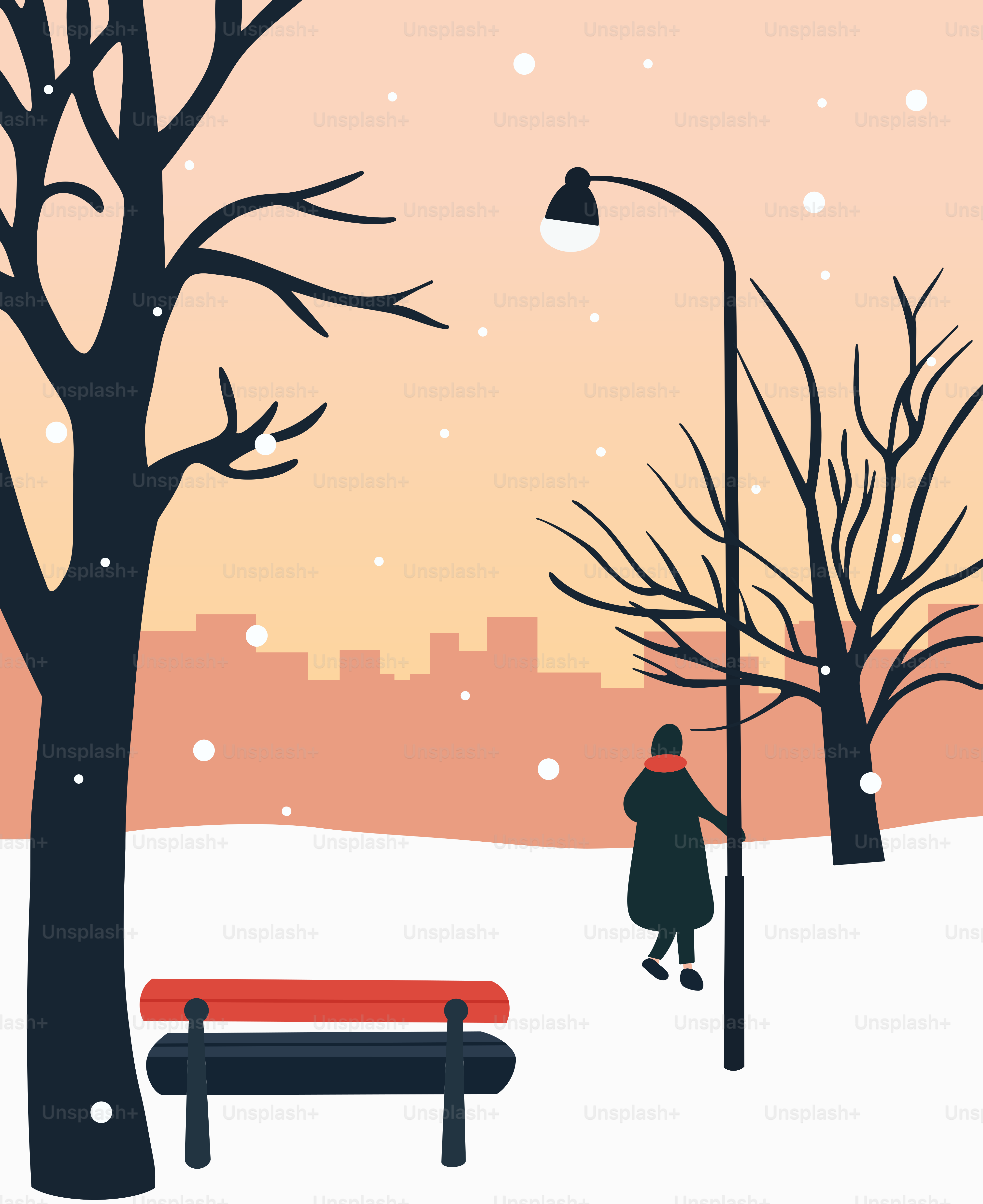 Una persona che cammina nella neve vicino a una panchina