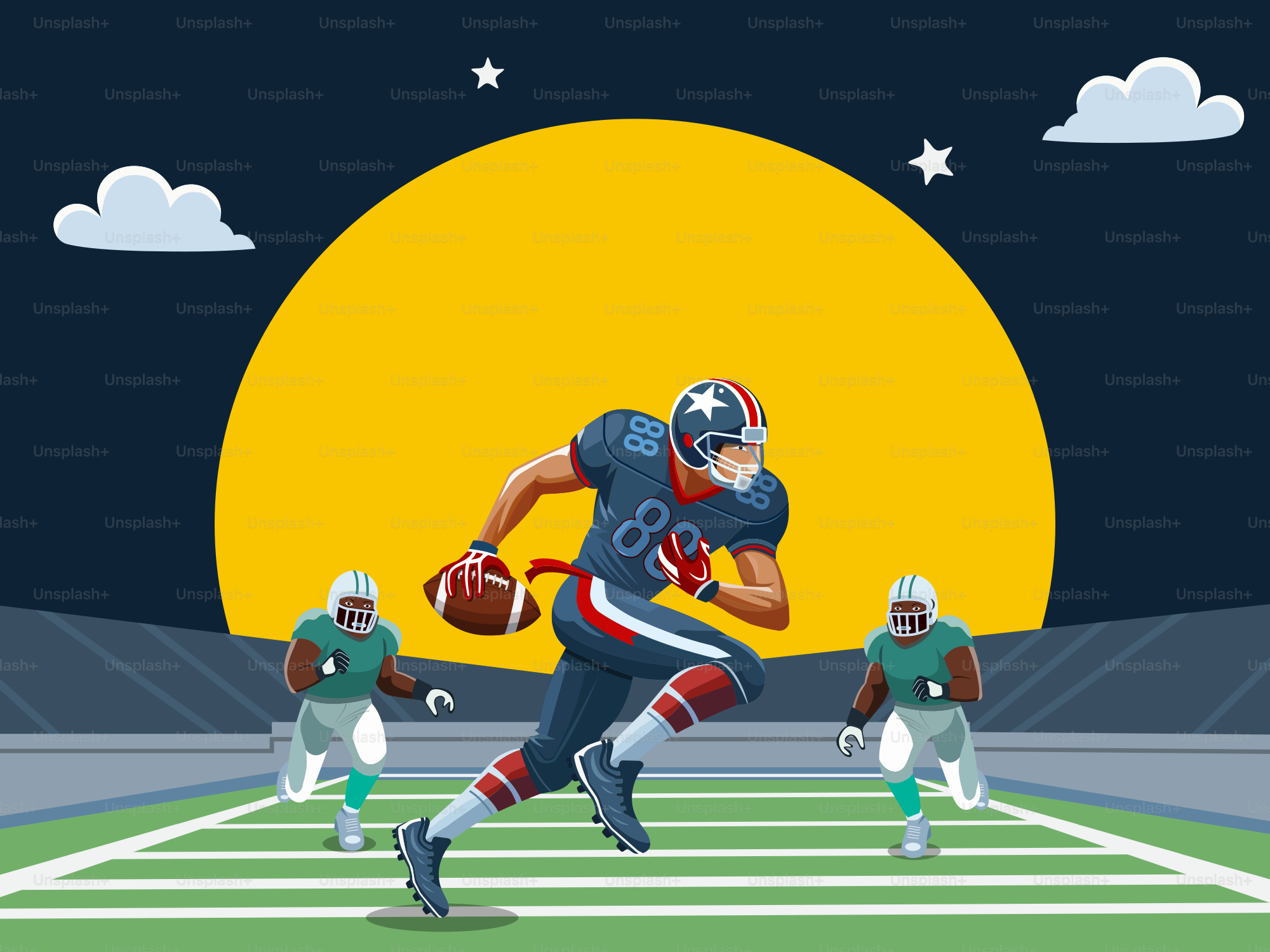 A football player running with a ball in his hand