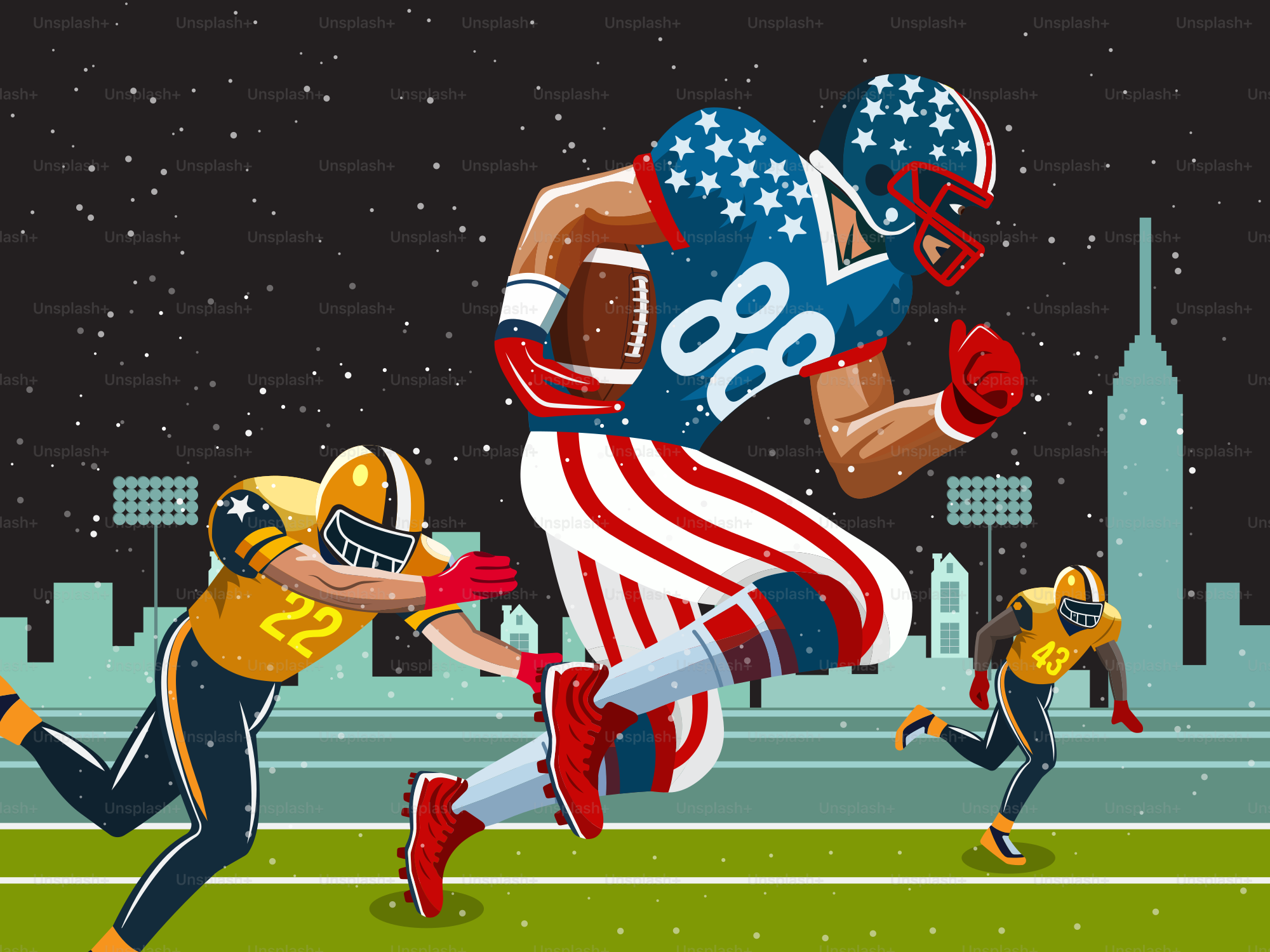 A football game with a player running with the ball