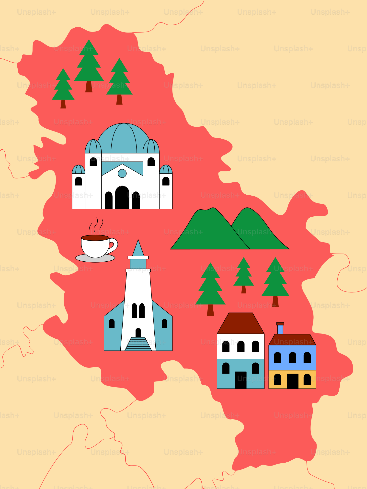 A map of a country with a lot of buildings