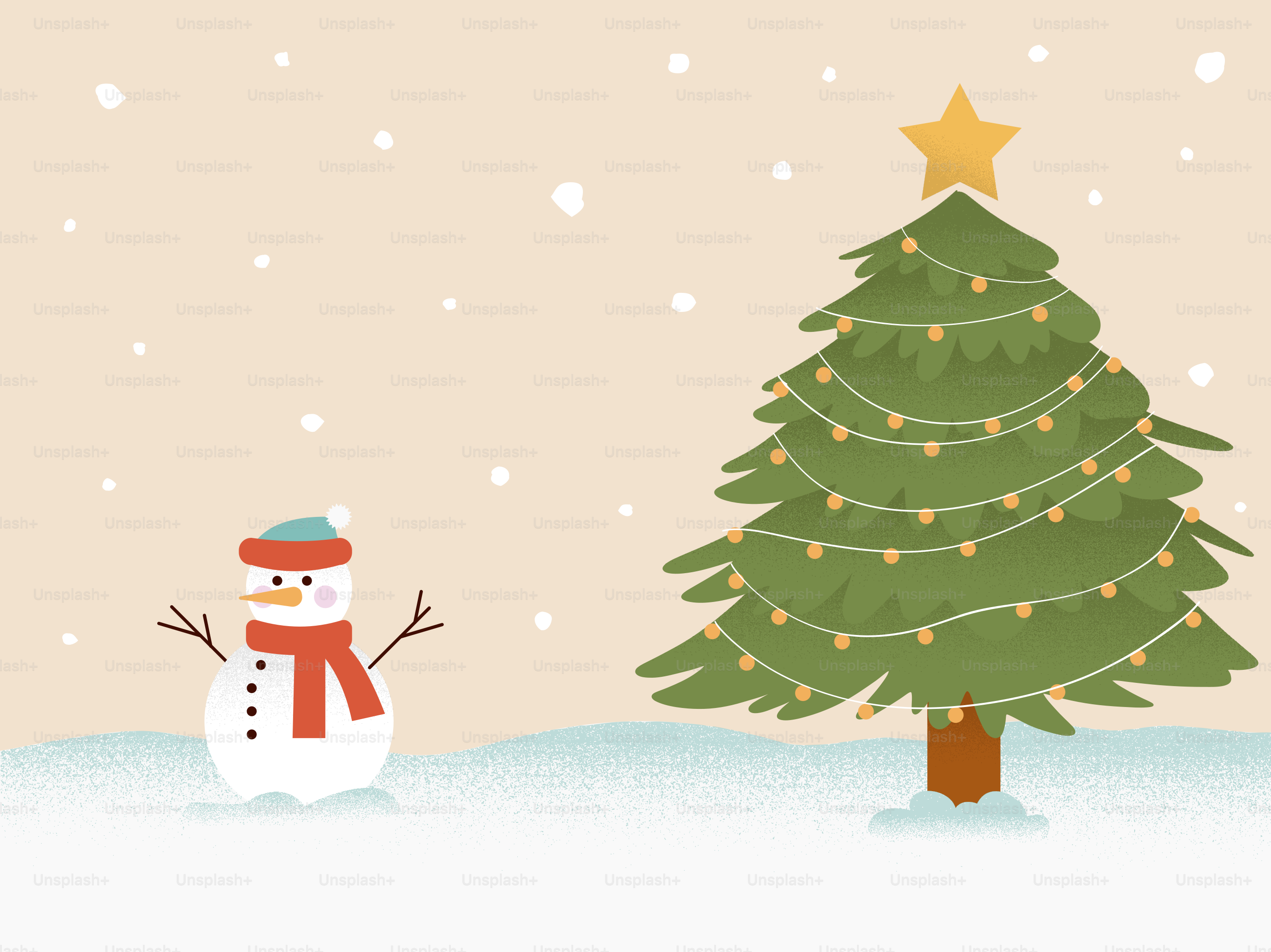 A snowman standing next to a christmas tree