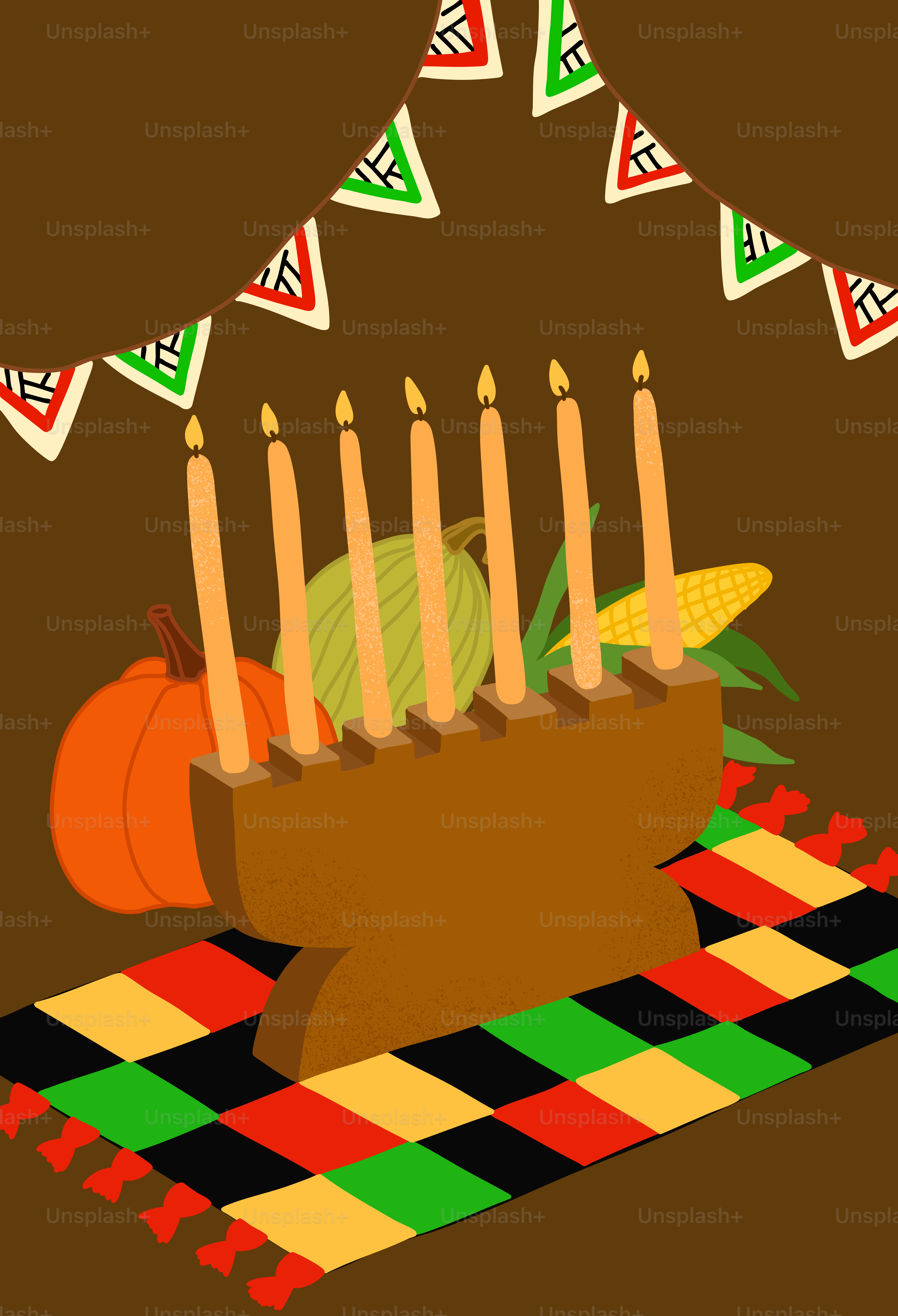 A cake with candles on a table with a checkered tablecloth