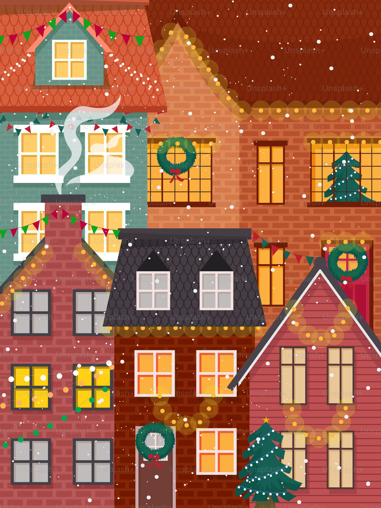 A christmas scene with a house and a christmas tree