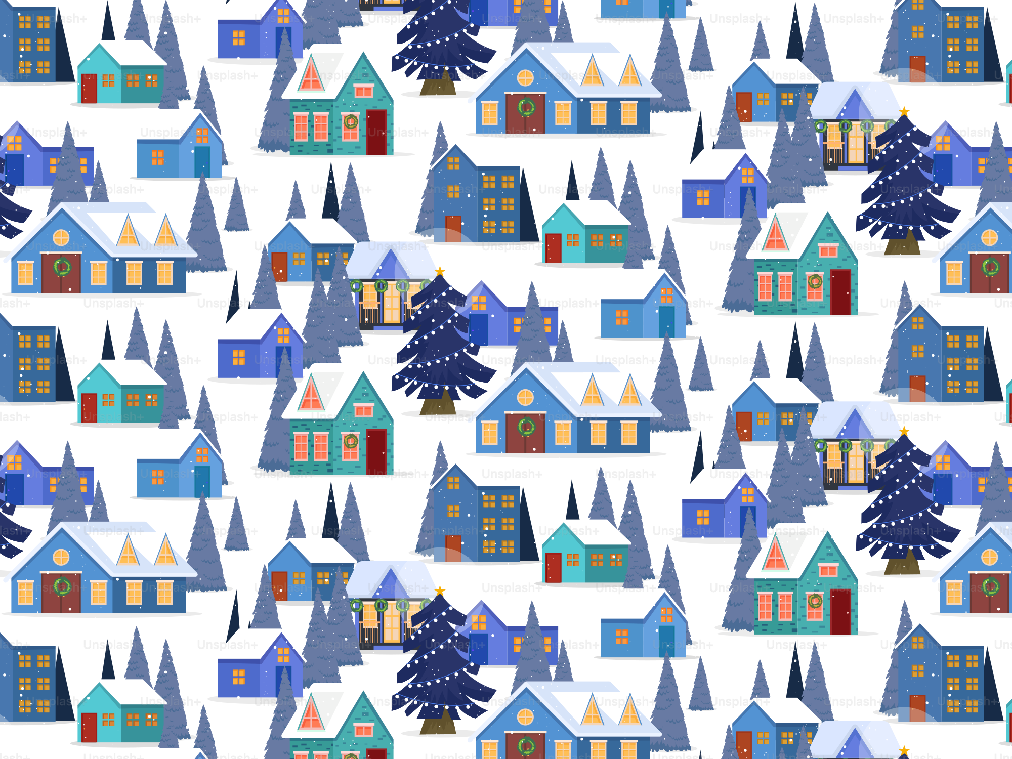 雪の中に家々や木々の模様が描かれている