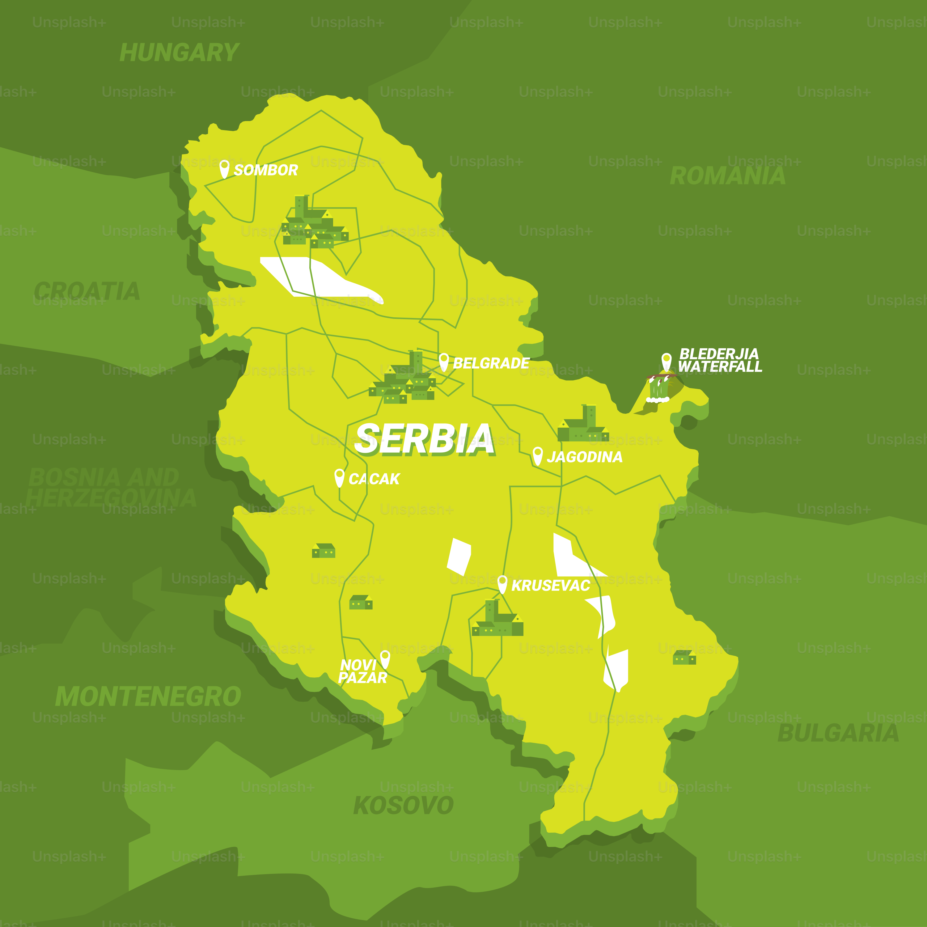 A green map of the country of serbia