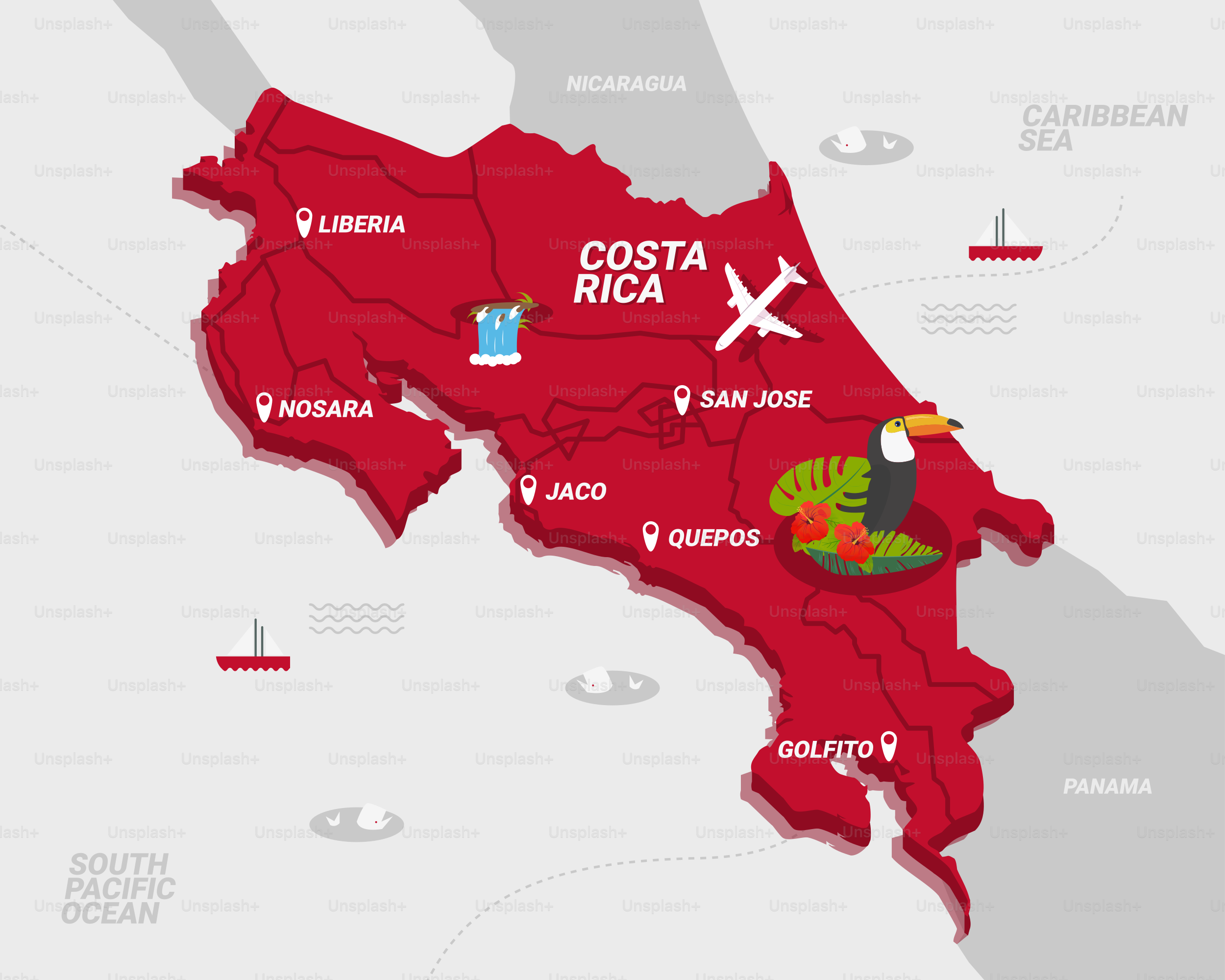 A map of costa rica with all the major cities