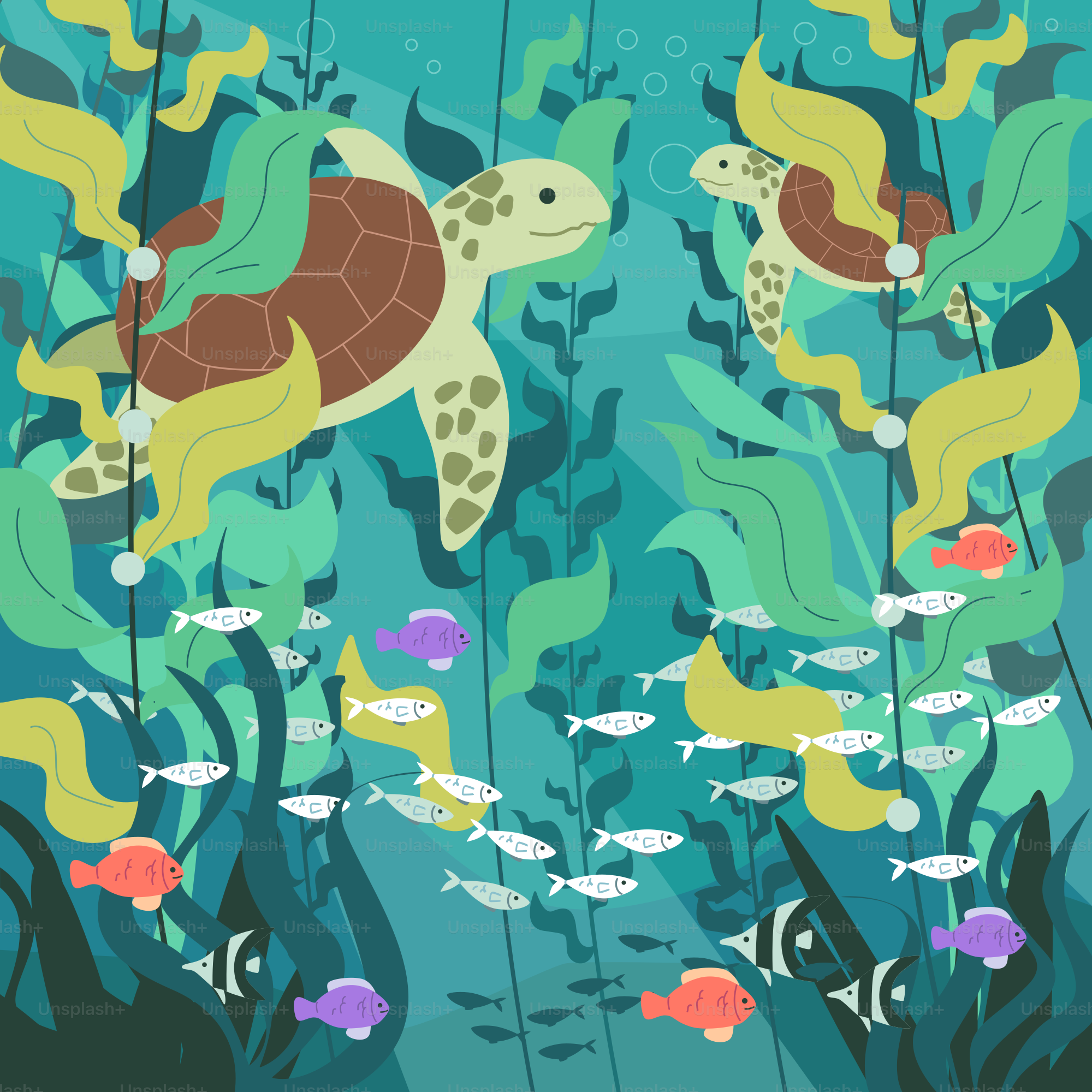 A painting of a turtle and fish in the water