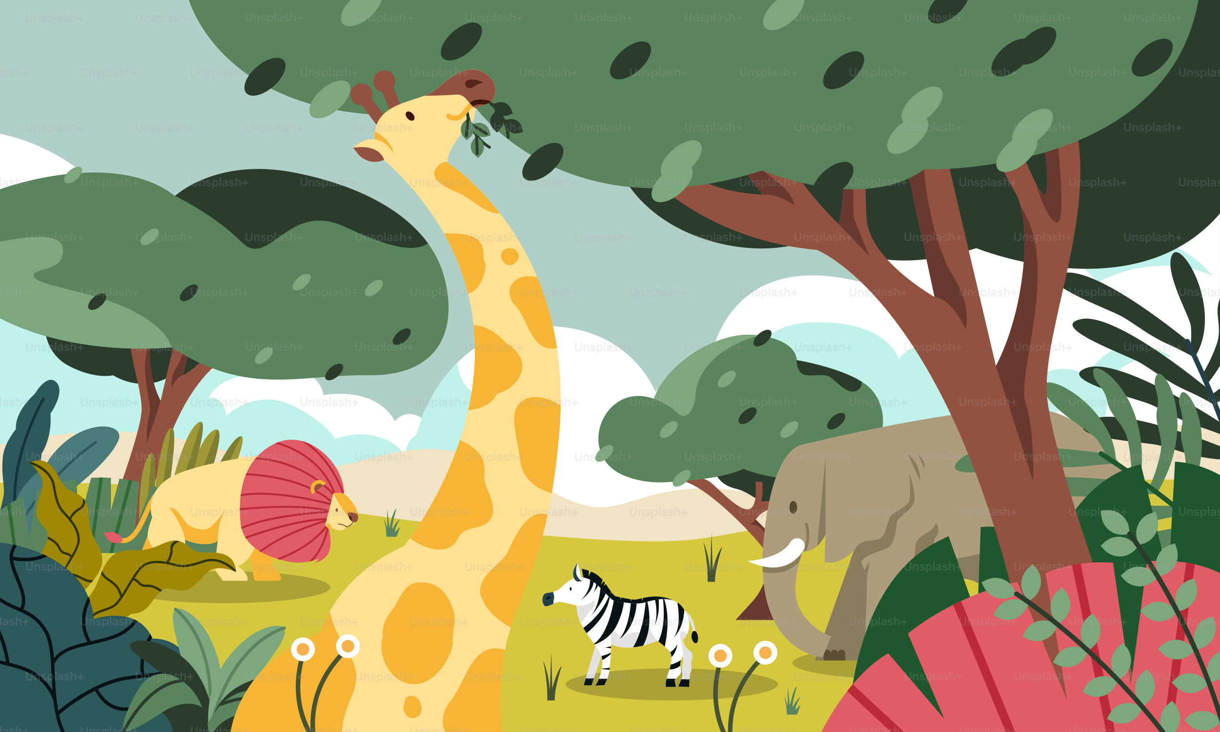 Um desenho animado de uma girafa, zebra e outros animais em uma selva