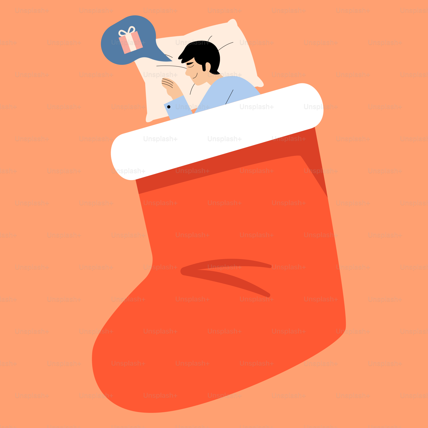 A man laying in a christmas stocking with a speech bubble above his head