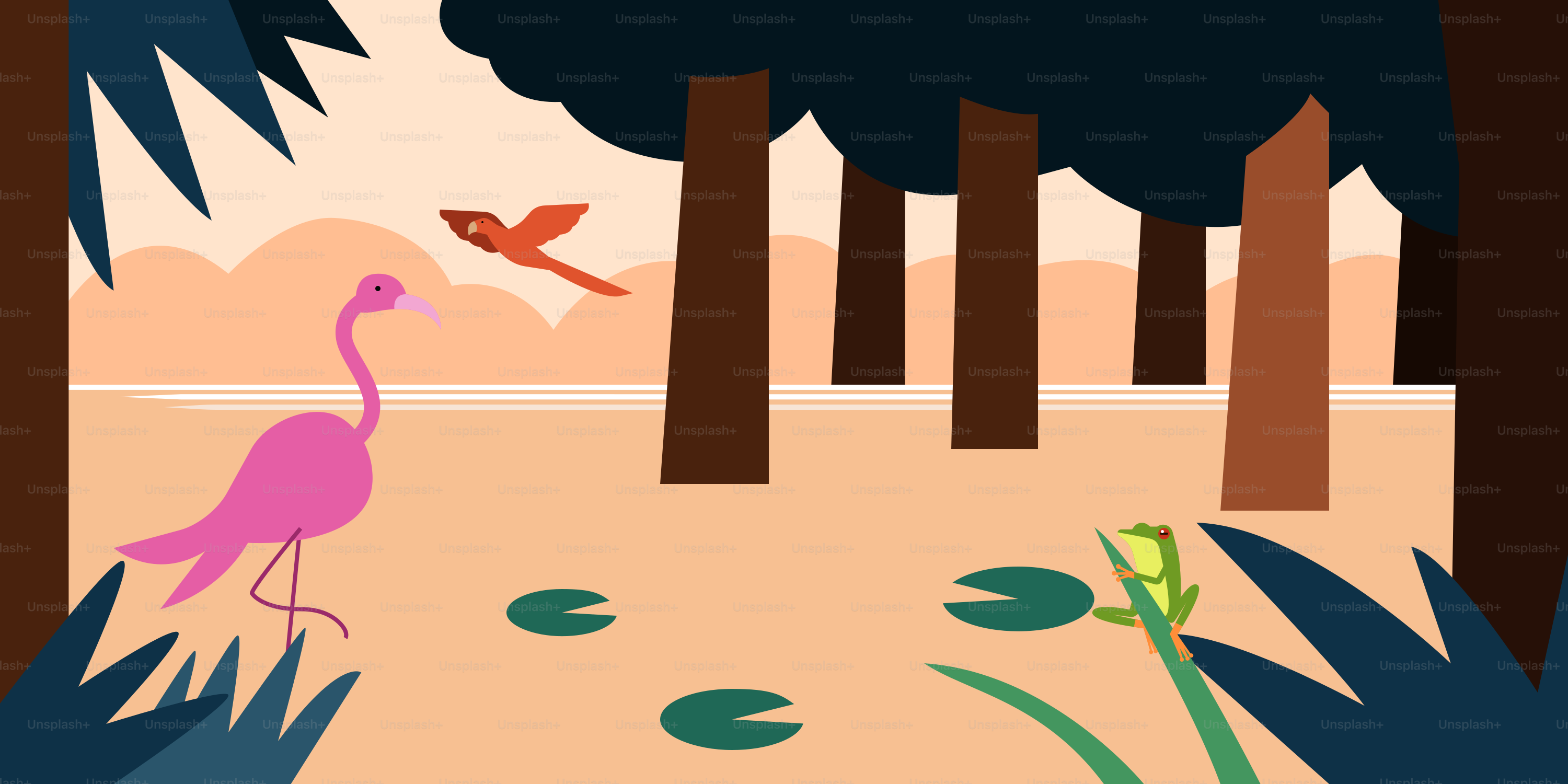 A pink flamingo standing in the middle of a forest