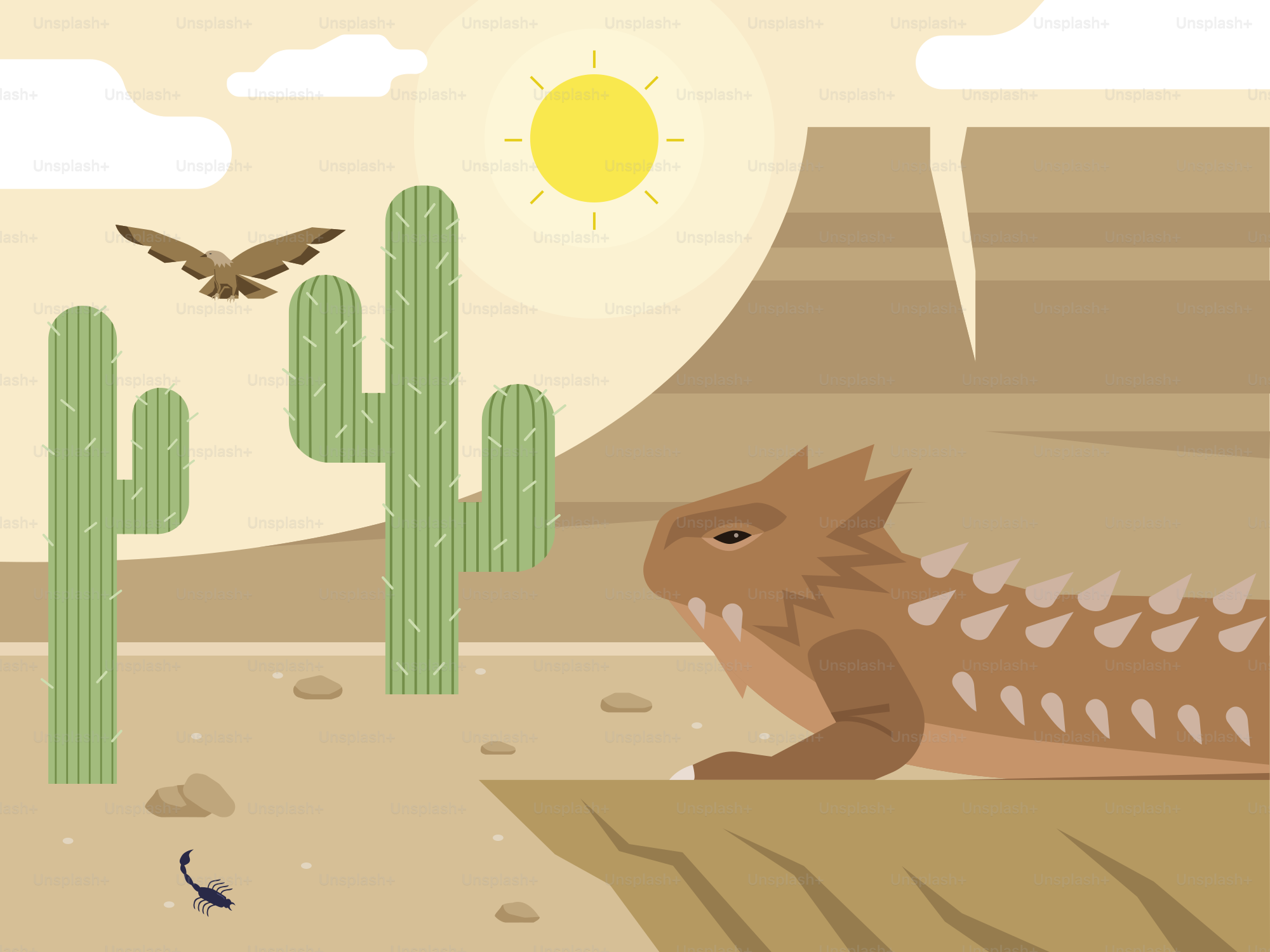 A desert scene with a cactus, a bird, and a lizard