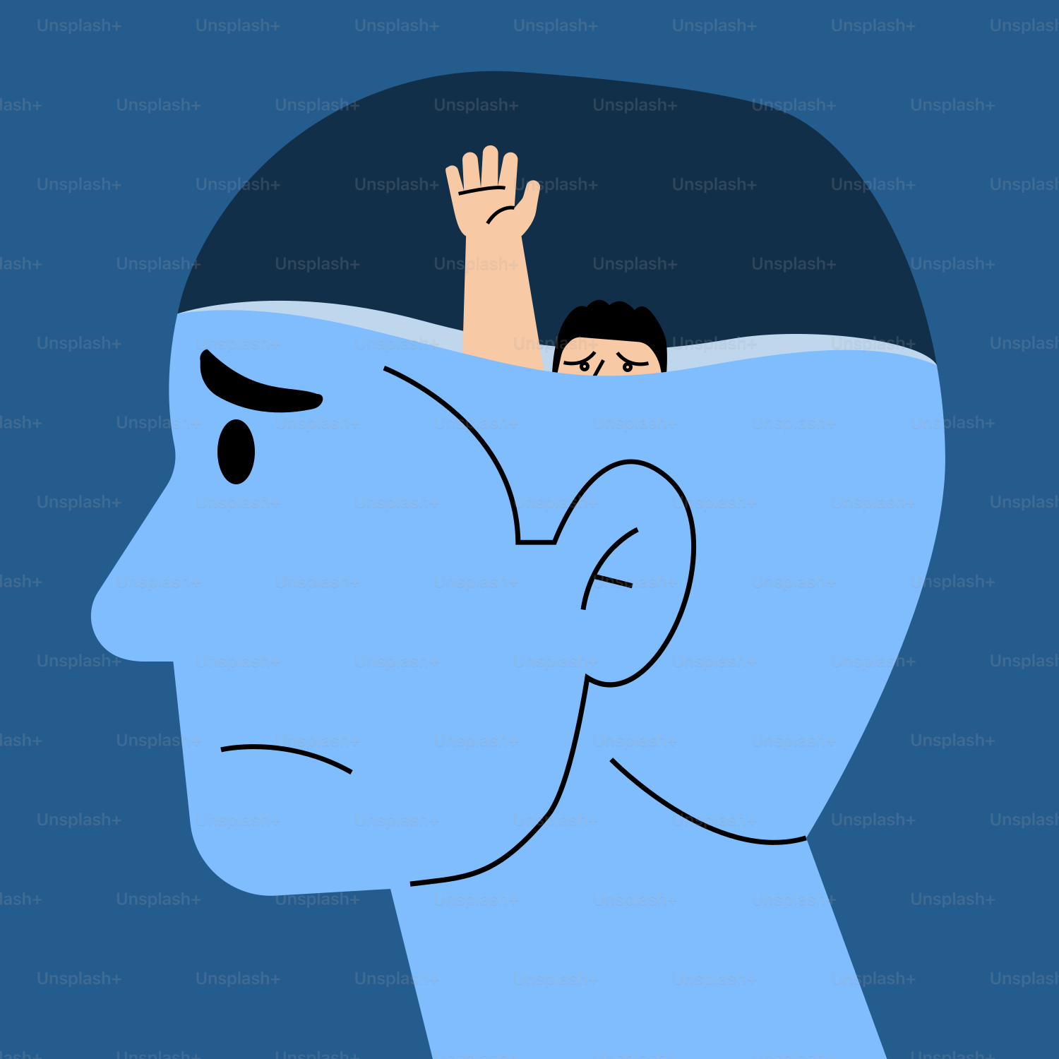 A drawing of a man in a blue head