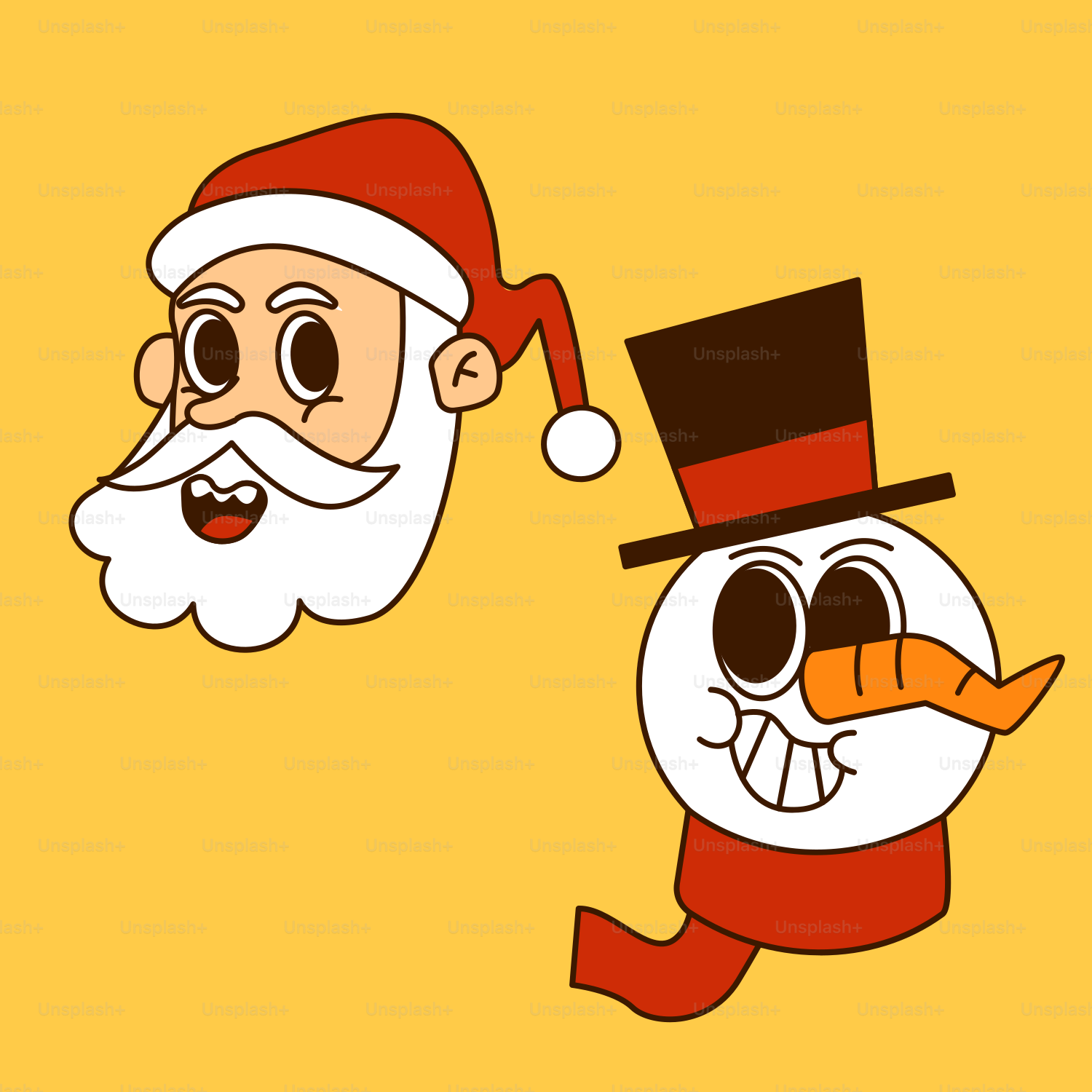 A snowman and a santa claus face on a yellow background