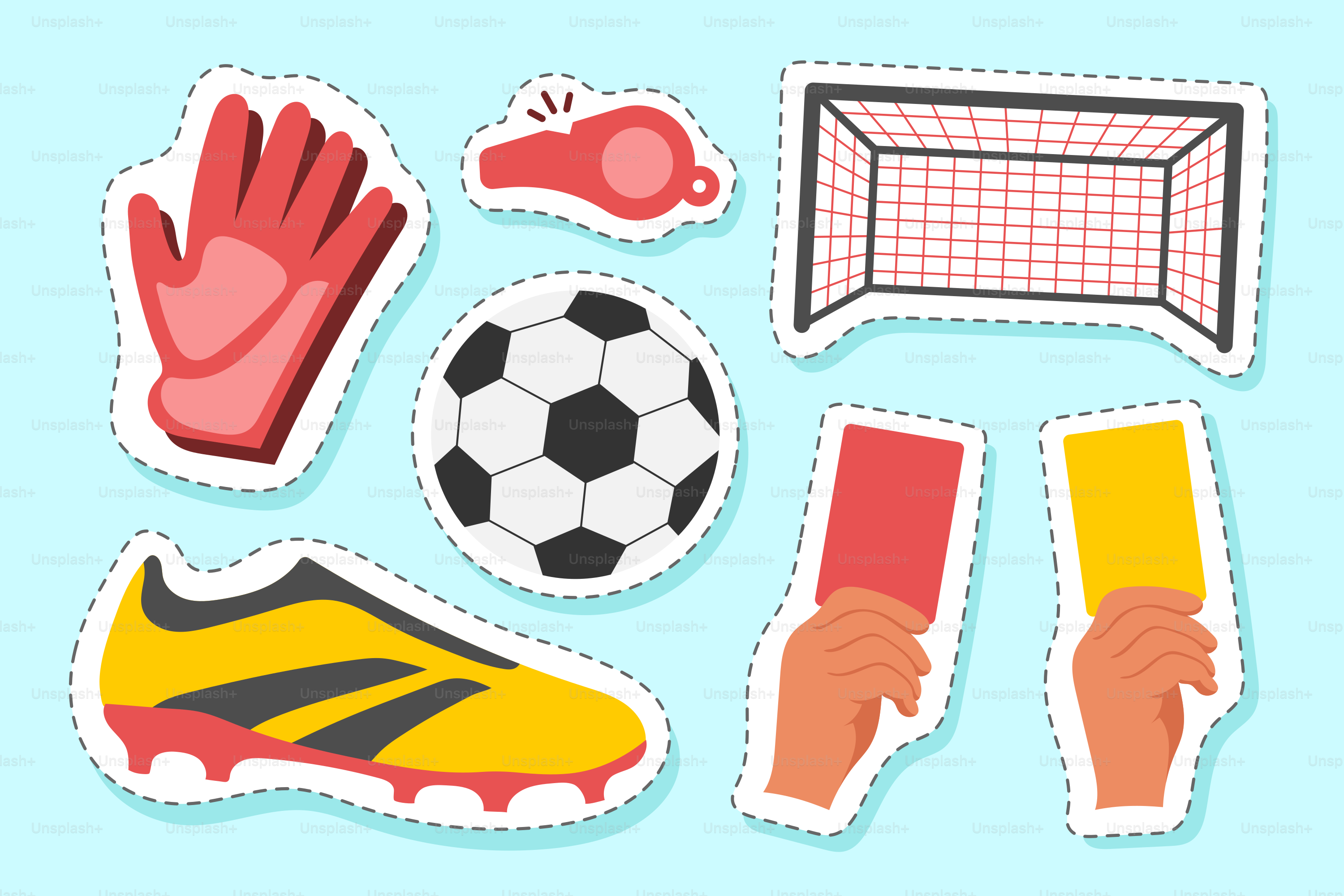 A set of stickers with different sports related items