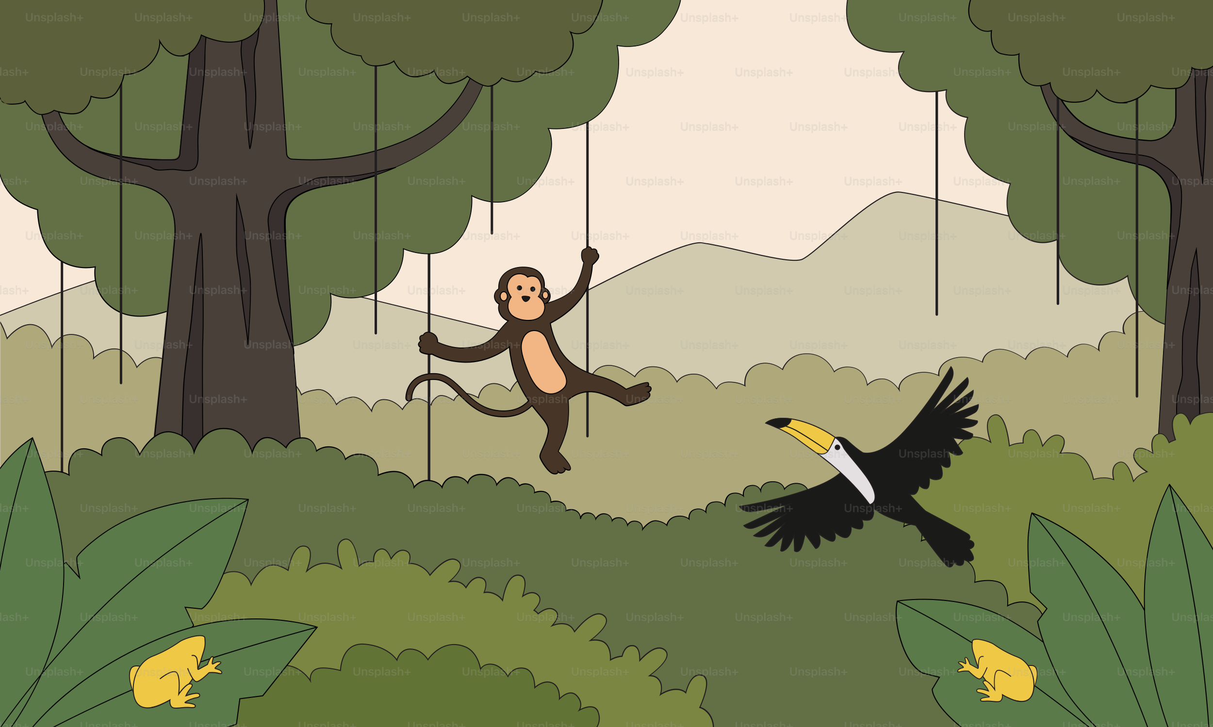 A monkey and a bird in a forest