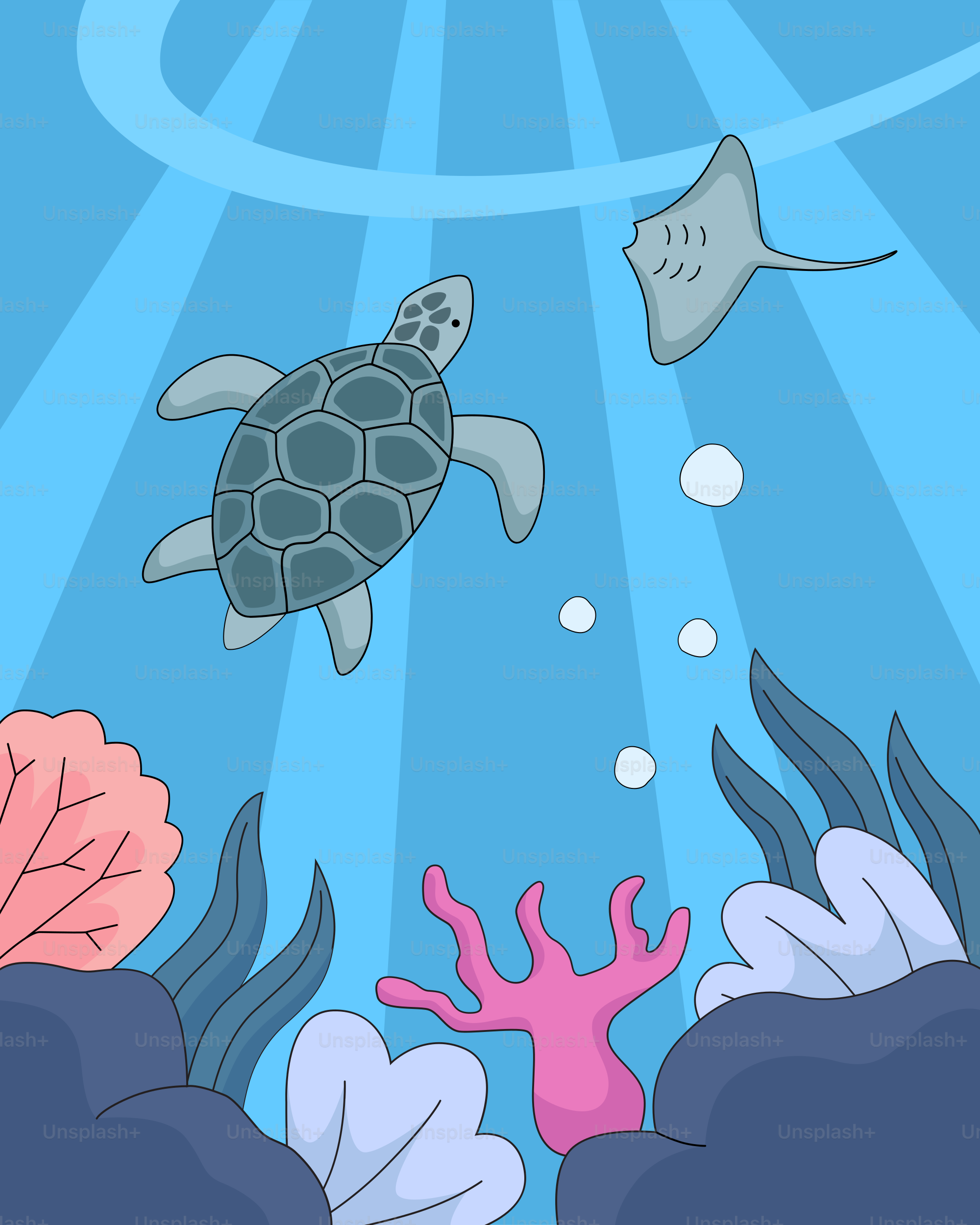 A cartoon of a turtle swimming in the ocean