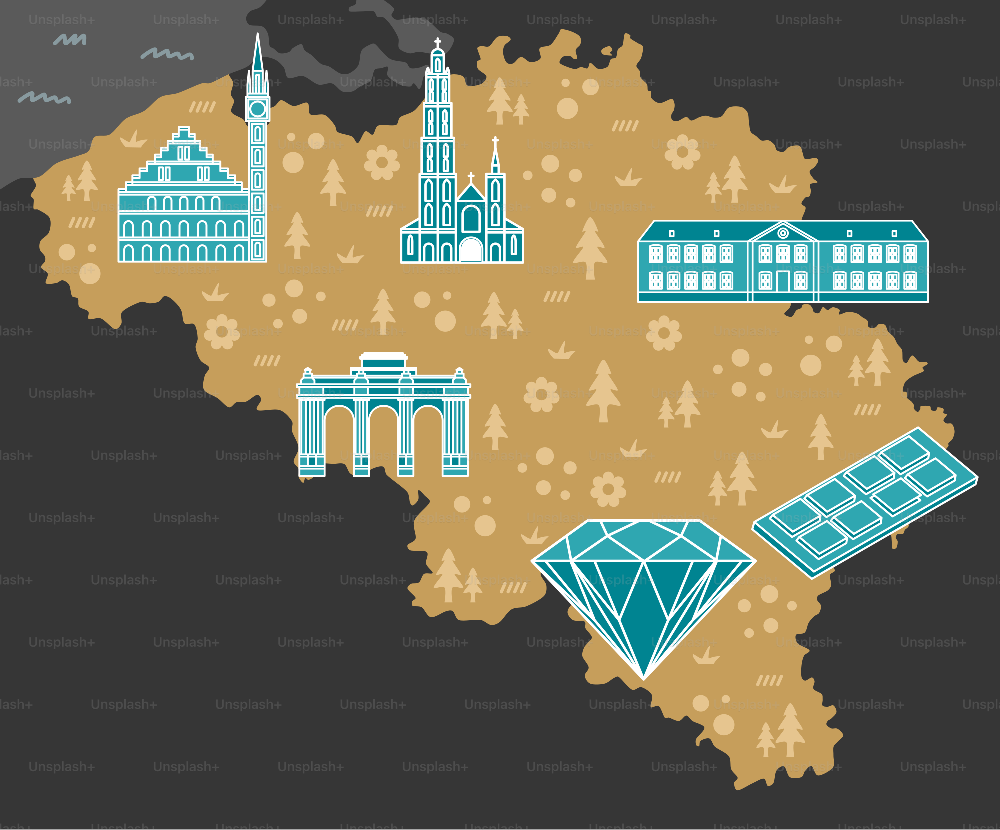 A map of the country of germany with buildings and a diamond