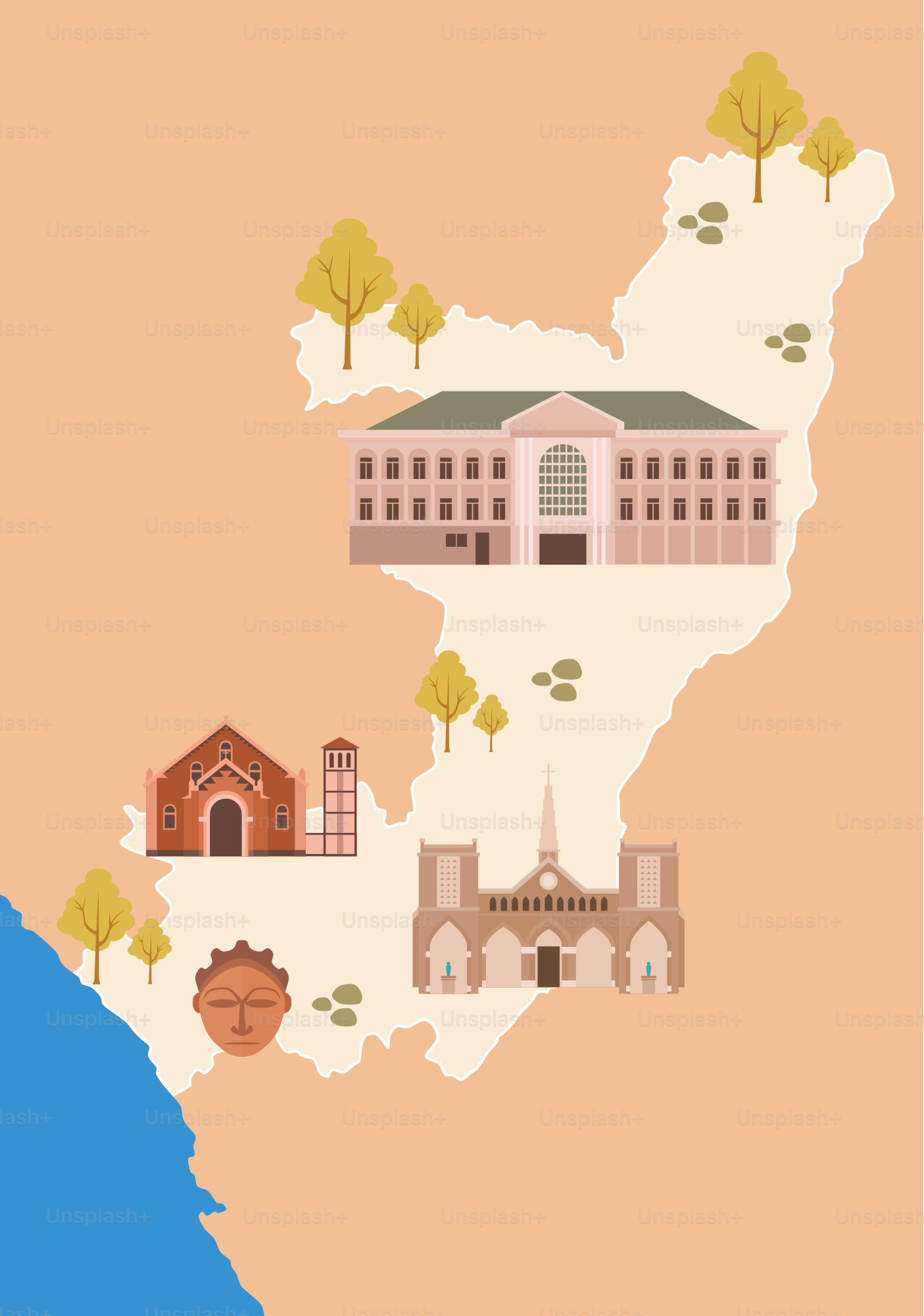 A map of the state of illinois with buildings and trees